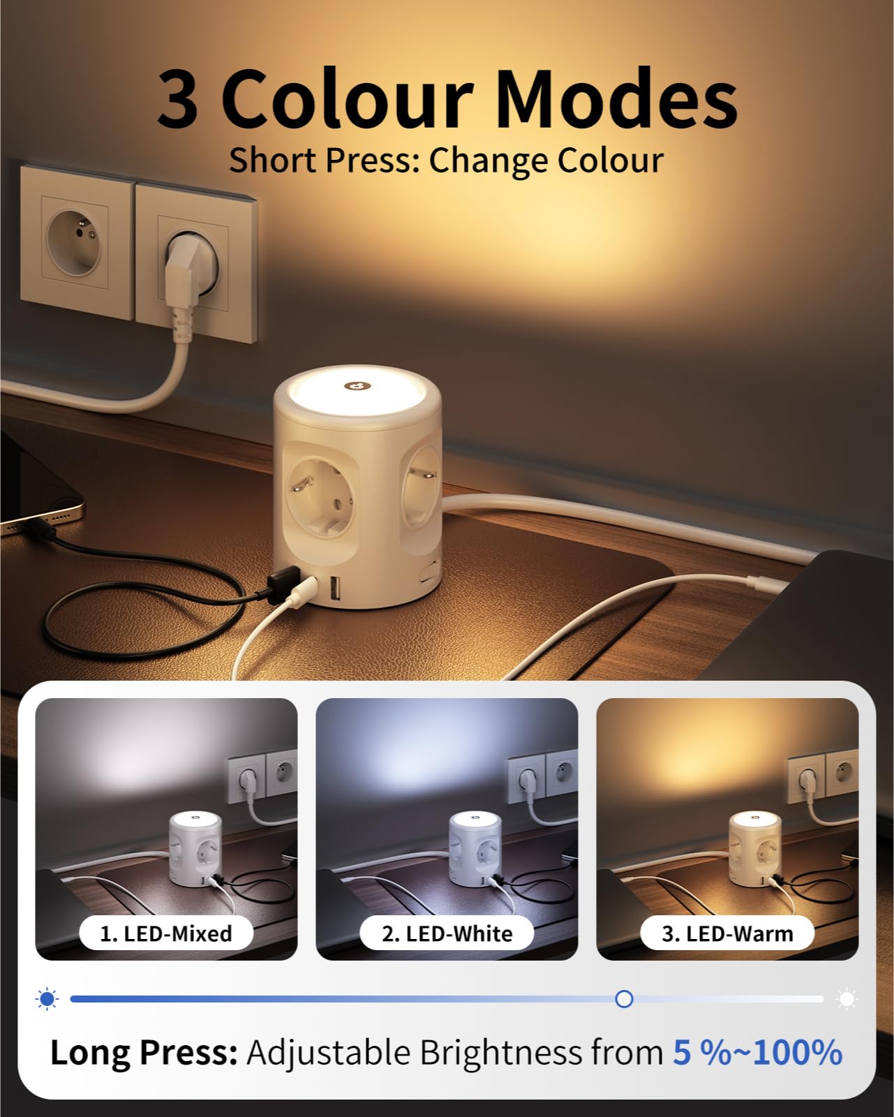 Torre Regleta Enchufes 16A con Luces LED Nocturnas 3 Modos de Iluminación, Cubo Regleta Enchufes con USB Alargador Enchufe 2M, Ladron Enchufes con Interruptor para Casa Oficina Enchufe Regleta