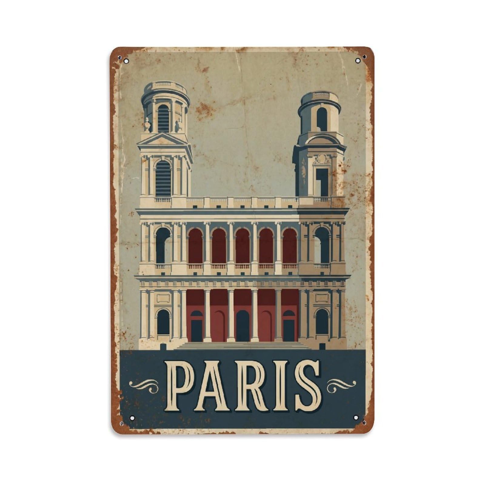 Vintage Travel Paris Église Saint-Sulpice Church Rusted France Metal Tin Sign Plaque Wall Decor for Cafe, Club Bar, Office, Home Garden Metal Poster 8x12Inch