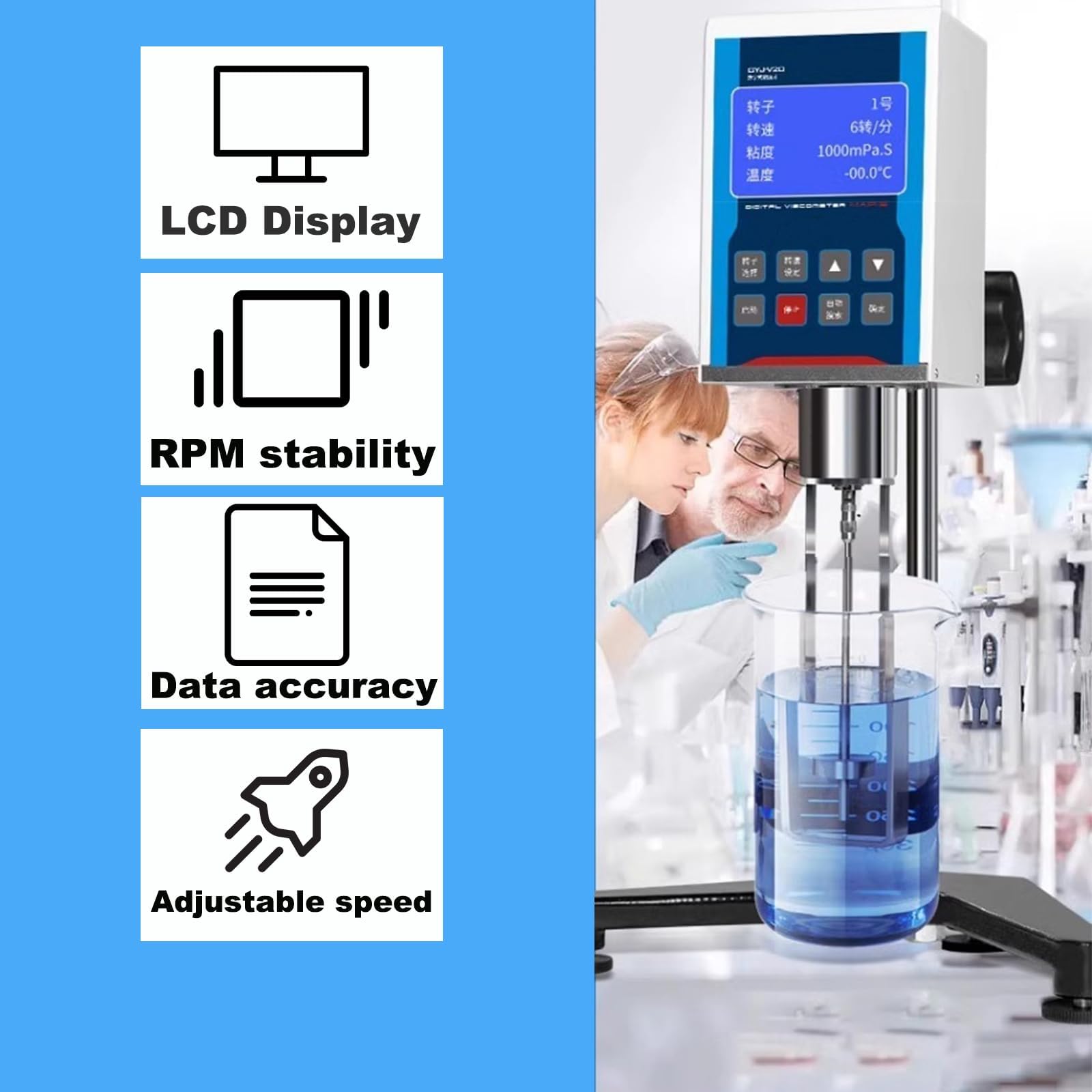 Viscosímetro giratorio digital con pantalla LCD, 4 rotores y 9 velocidades, mide la viscosidad y reología de los fluidos, rango de 10-600000 Mpa.s, ± 3% de precisión