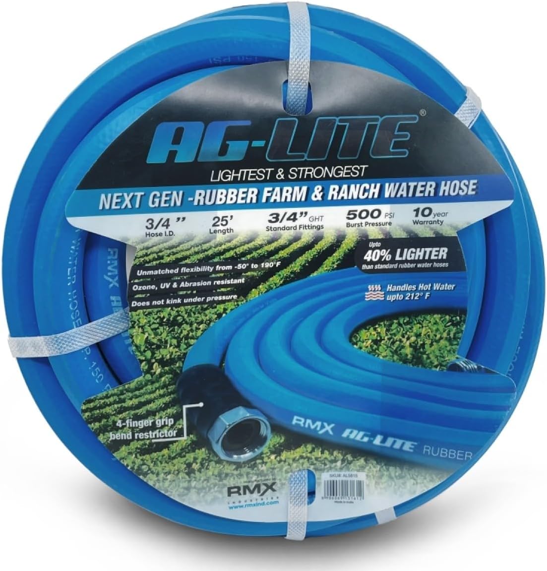 AG-LITE AL3425 3/4" x 25' Rubber Farm & Ranch Water Hose, Lightweight, 500 PSI, 50F to 190F Degree, Polyester Braided, Brass GHT Fittings, 4 Finger-Grip Bend Restrictor, Agriculture & Industrial Use