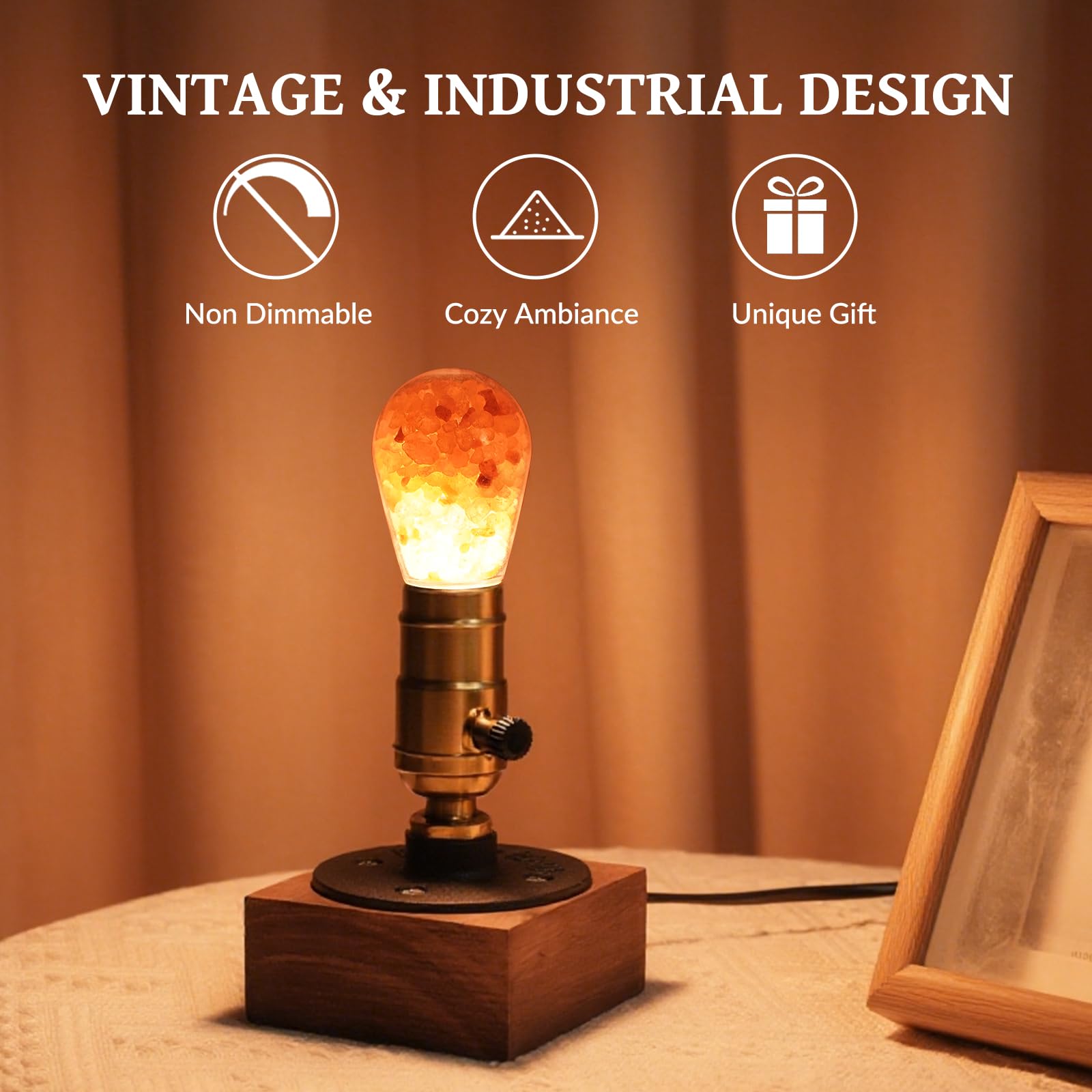 Luxvista E27 Table Lamp Base Industrial, Vintage Lamp with Himalayan Glow Salt Lamp Bulb - Image 2