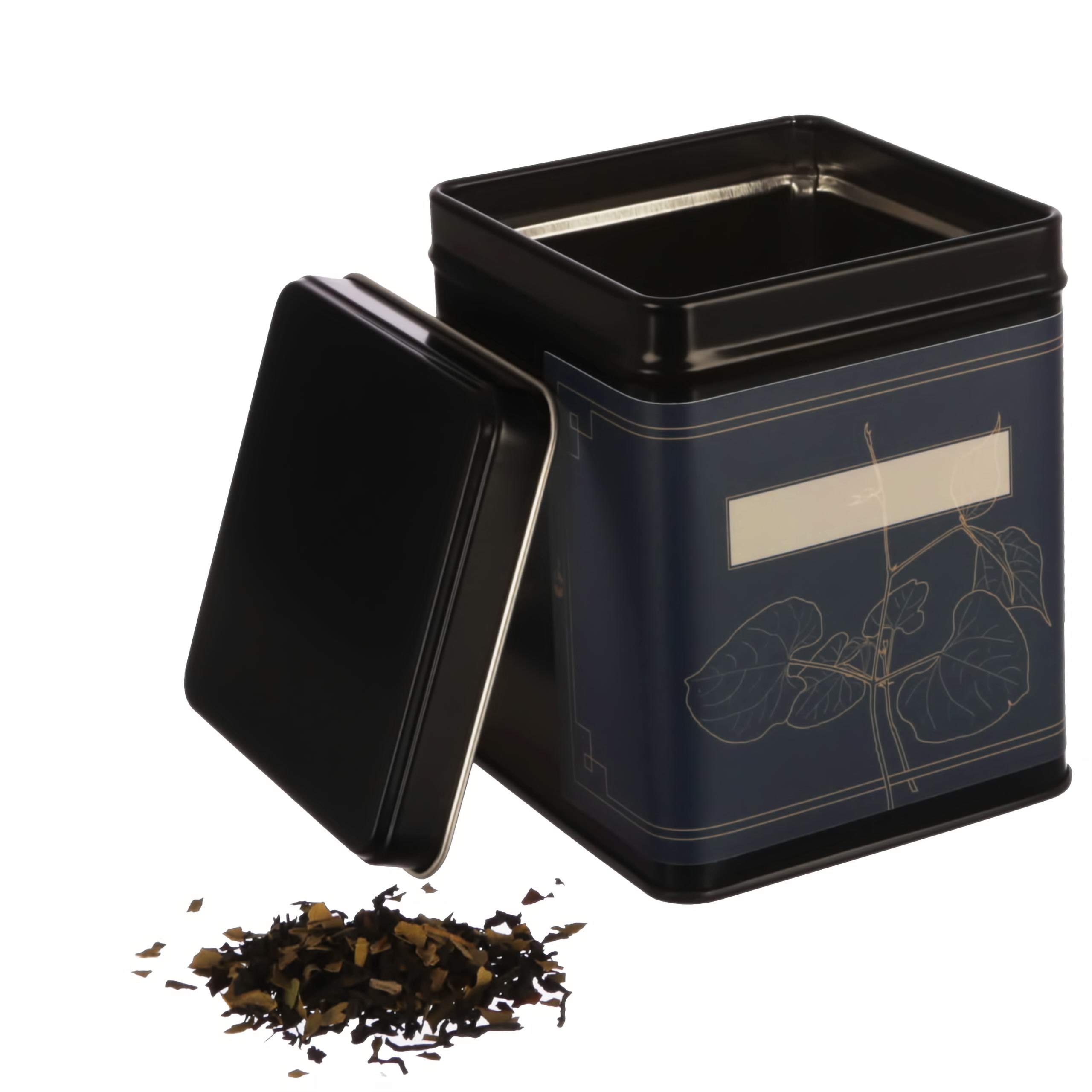6 klasycznych prostokątnych puszek na herbatę, można układać w stos, nieprzepuszczające zapachów, z metalu, każda po 140 g Earl Grey, w zestawie 6 etykiet z motywem kwiatowym, 9,8 x 7,6