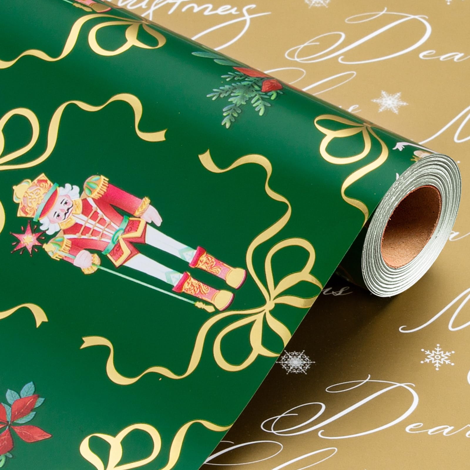 Wikadlik Reversible Christmas Wrapping Paper - Nutcracker Dahlia Bow Design Foil Gold and Green Gift Wrap Paper - 43cm x 10m โ image 1