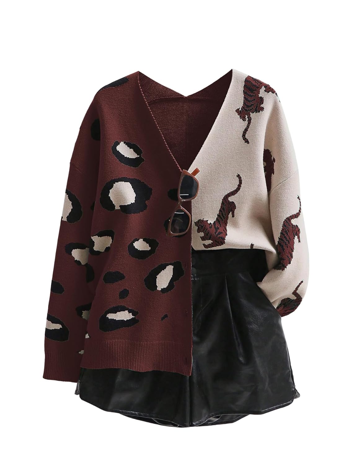 WDIRARA Womens Leopard Tiger Print Cardigan V Neck Long Sleeve Color Block Button Down Sweater Outwear