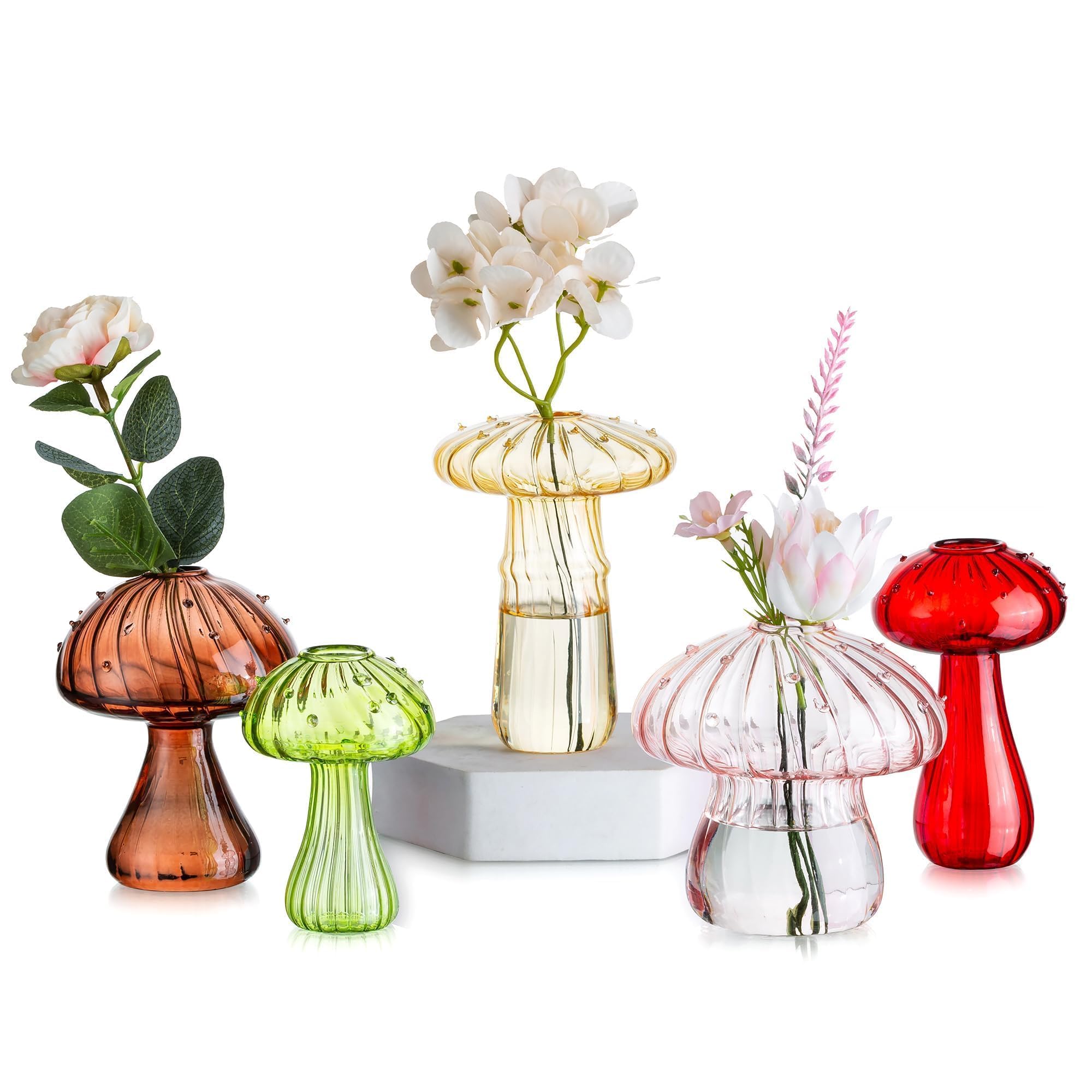 Glasseam Mushroom Flower Vase, Bud Vases Set of 5, Small Vase for Decor, Chic Coloured Glass Propagation Station for Table Decoration, Plant Terrarium Cute Vase for Dinning Centrepieces Kitchen