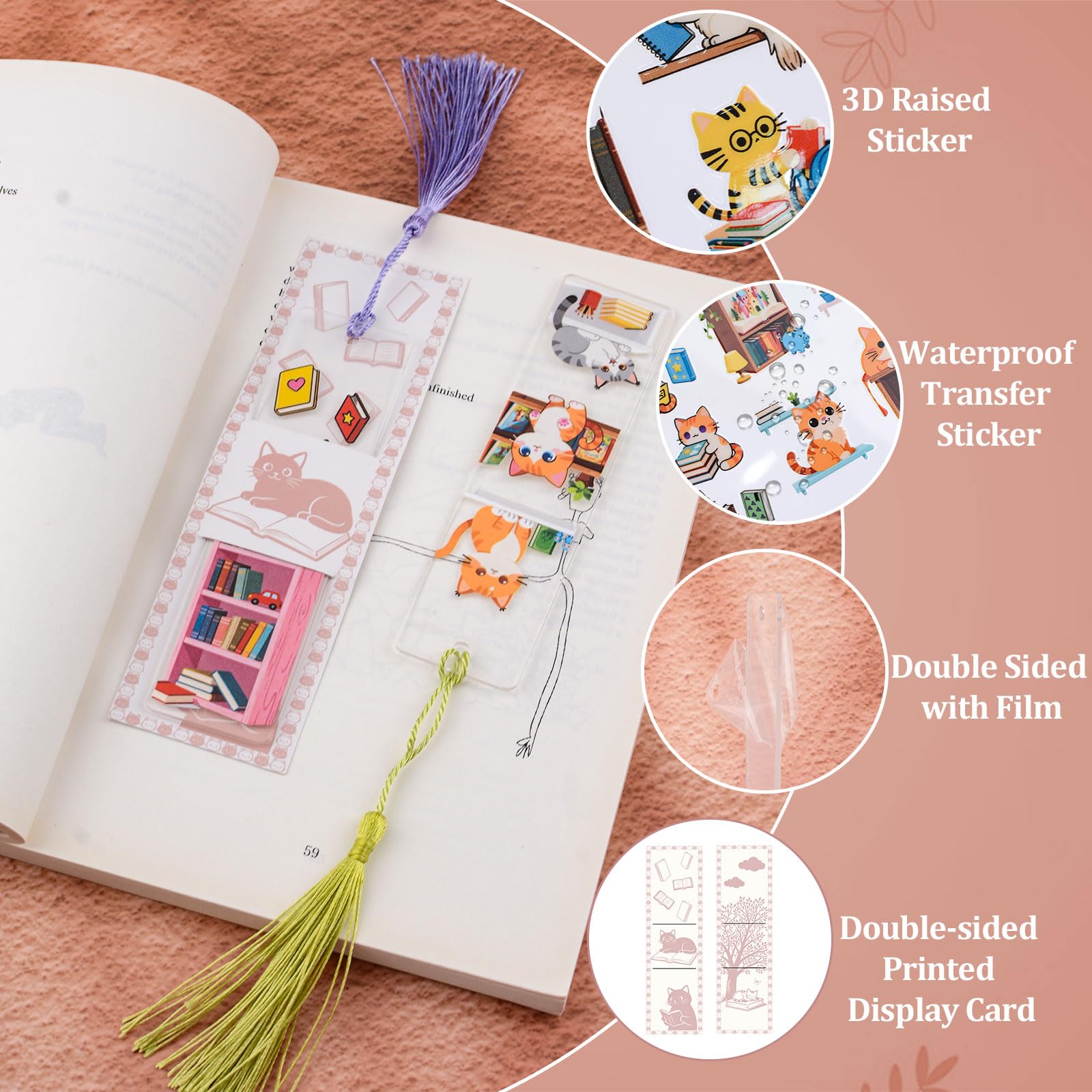 WANDIC 24Pcs Cartoon Cat Book Acrylic Bookmarks with UV DTF Transfer Stickers Handcraft Scrapbooking Supplies with Tassels for Journaling Presents - Image 4