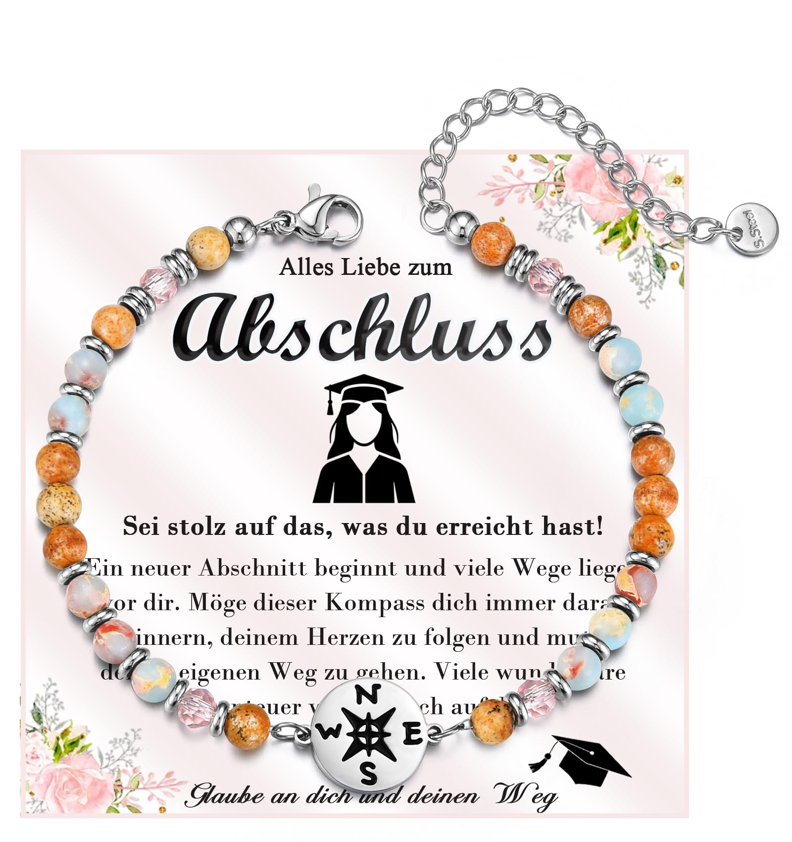 Abschluss Armband, Geschenke zum Abi für Mädchen, Armband mit Kompass als Geschenk zum Abitur Schulabschluss Bachelor Master Abschluss für Tochter Schwester Enkelin Nichte Freundin Mitschülerin