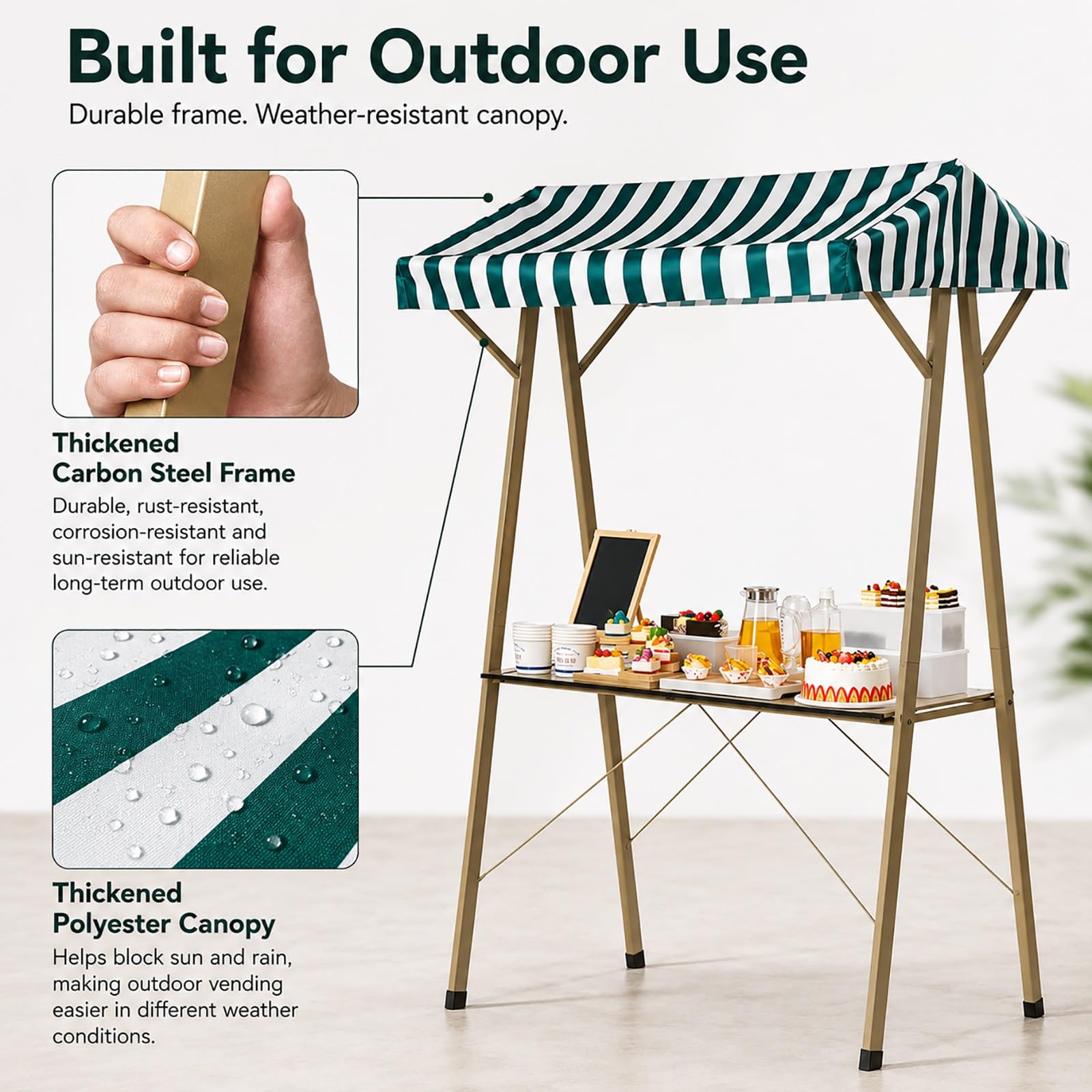 Puesto de Venta Plegable con Toldo, Puesto Ambulante Resistente para Mercado Agrícola, Stand de Venta con Mesa – Puesto para Ferias Exterior(130x60x200cm/51x24x79in)