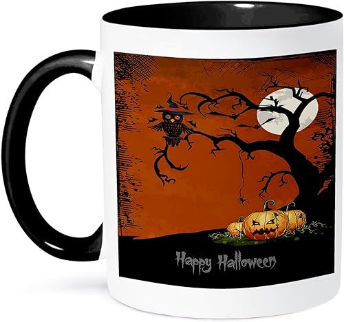 3dRose mug_65464_4 Taza negra de dos tonos con texto en inglés "Halloween Night With Haunted Tree and Pumpkins", 11 onzas, multicolor