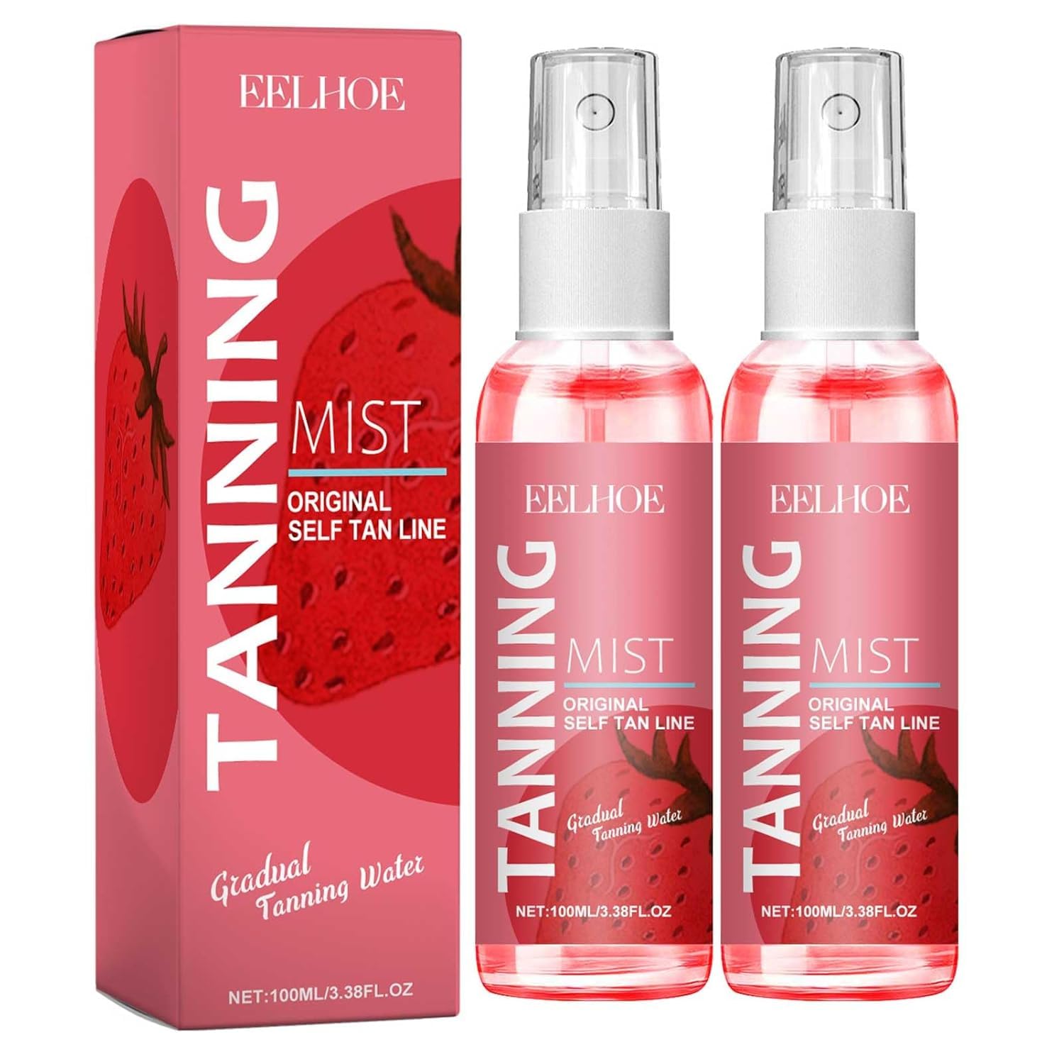NALACAL2 Pcs Strawberry Tanning Mist (100ml), Gradual Self Tanner Face Spritz for Natural Summer Tan – Lightweight, Non-Comedogenic Spray with 100% Natural DHA for a Luminous, Orange-Free Glow