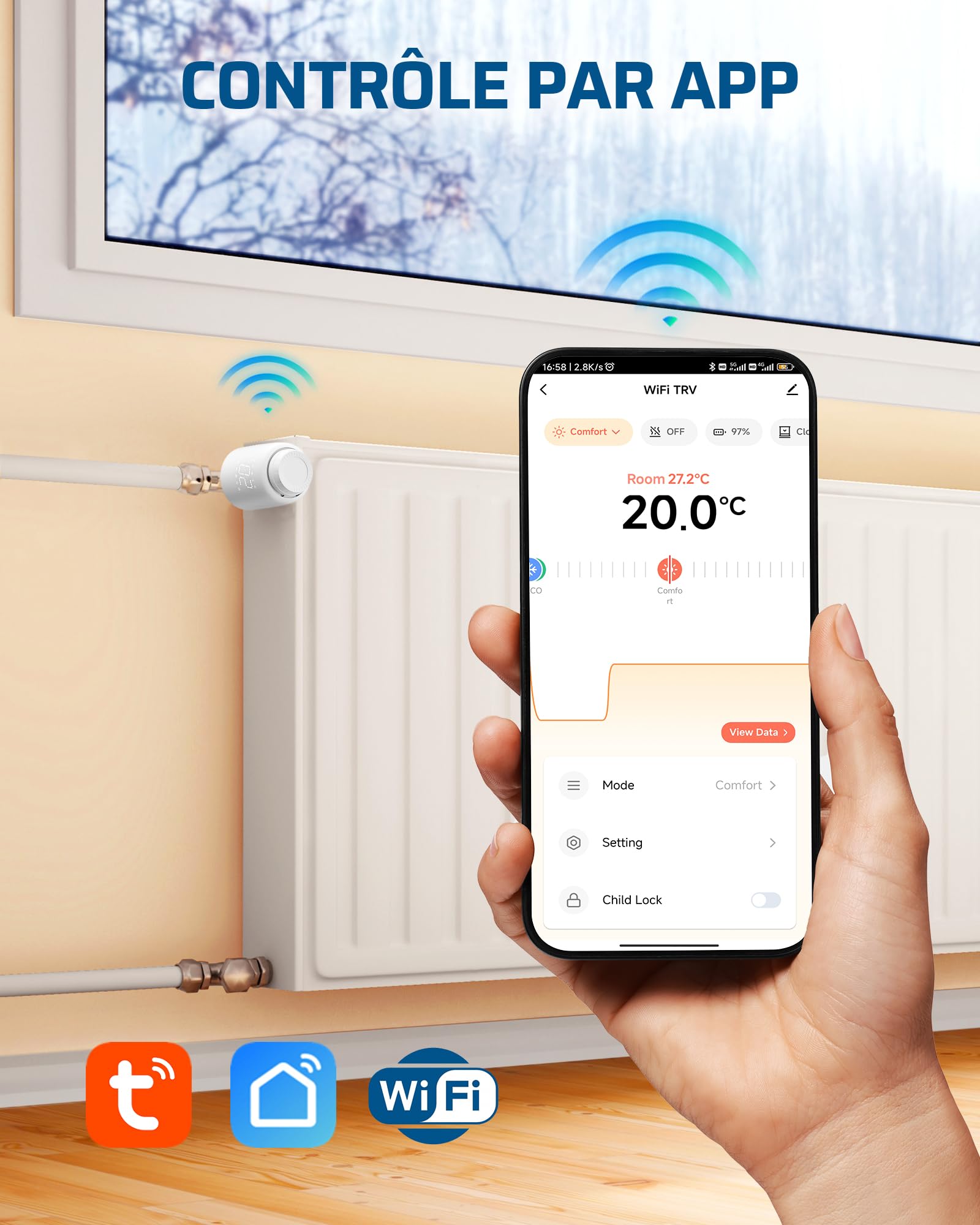 DEWENWILS Thermostat Radiateur Intelligent WiFi, Aucun Passerelle Requise | Thermostat Radiateur Programmable, Contrôle App, Compatible Alexa & Google Assistant, Économie d'Énergie