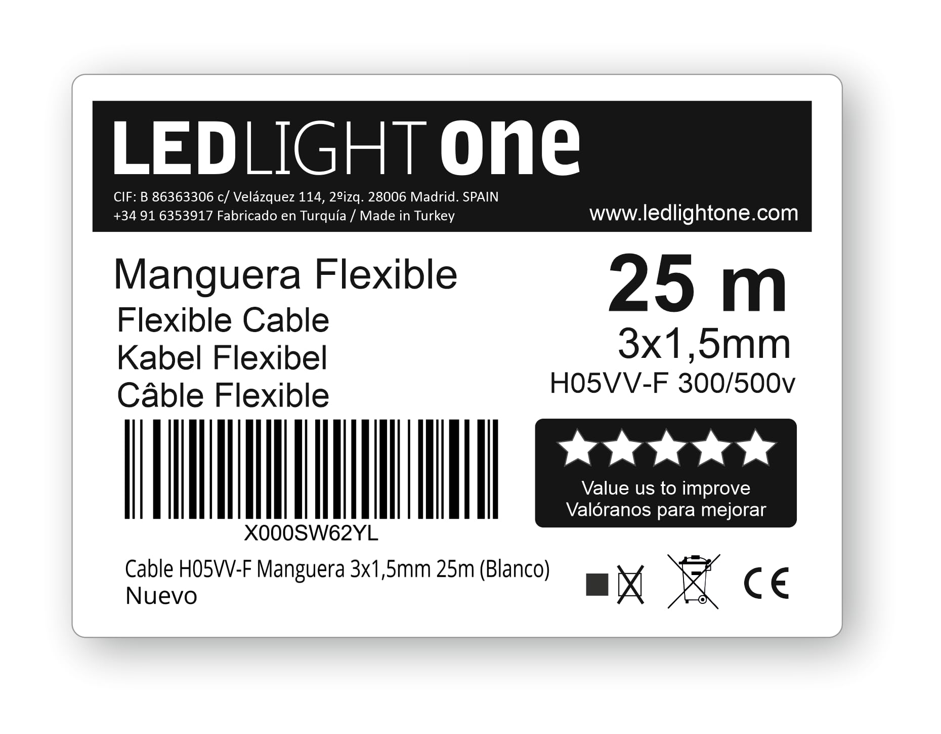 Cable Eléctrico H05VV-F Manguera 3x1,5mm 25m Blanco, Tensión de Servicio 500v, Temperatura Máxima de Trabajo 70º, para Instalaciones Fijas y Móviles en Locales Domésticos y Oficinas