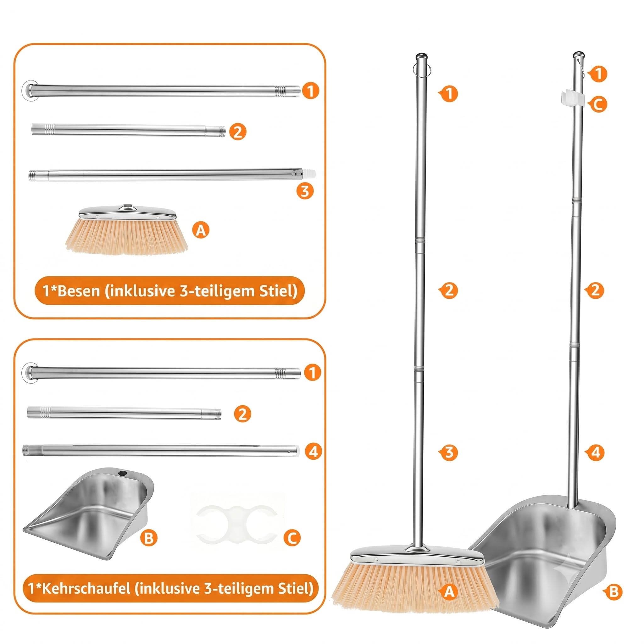 Juego de escoba y recogedor con mango largo de acero inoxidable de 118 cm, escoba vertical con pala, escoba con recogedor para uso en el hogar, cocina, habitación, oficina y suelo del