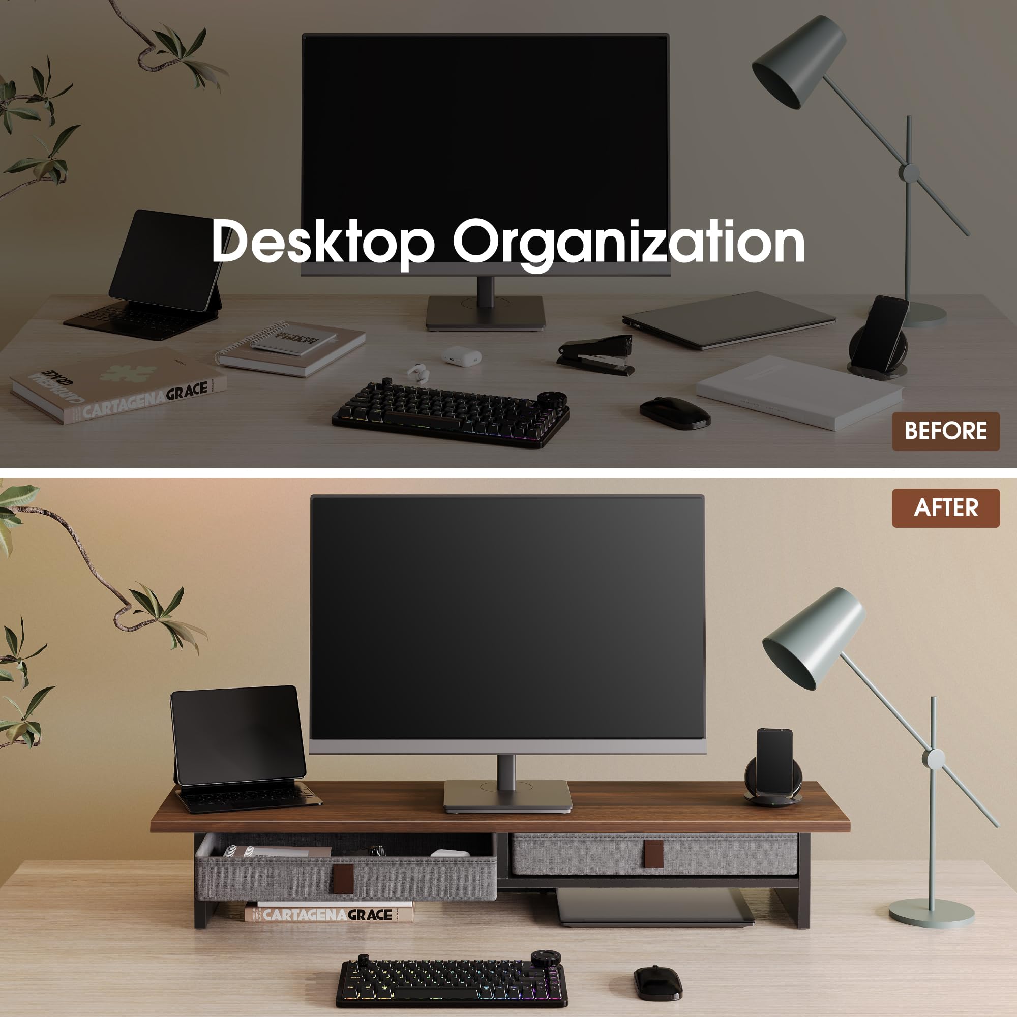 Fenge Support Ecran PC 90cm, 2 Tiroirs Lin, Ordinateur Moniteur TV, Marron | 2 Appareils, Charge 30kg, Pied Supplémentaire, 2 Niveaux, Pastilles Antidérapantes, Organiseur,Écran Imprimante Bureau Maison