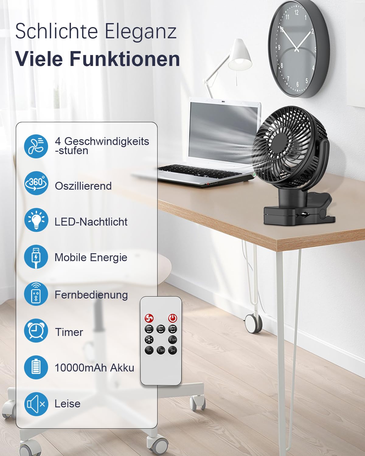 360° Oscilación Ventilador Pinza con Mando a Distancia - 10000mAh Portatil Recargable USB Ventilador de mesa - Silencioso Mini Clip Ventilador Camper 4 Niveles & Temporizador - luz LED- 75H - Ø17.5cm