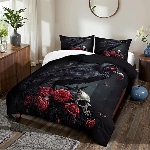 Miniatura 3 de Juego de edredón de calavera y rosa roja con cuervo negro, tamaño Queen, juego de ropa de cama de esqueleto con rosas góticas para Halloween, Cuervo