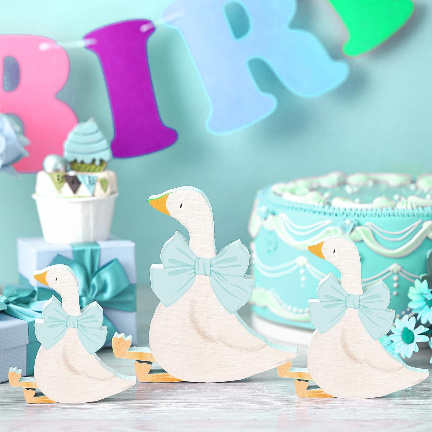Lineshading 3 Pcs Silly Goose Birthday Party Decoration Blue Bow Wooden Silly Goose Decor Funny Table Centerpiece Gift for Party Favor Desk Tiered Tray, 5.9/4.7/3.9 Inch