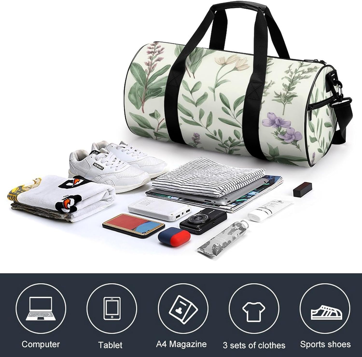Aesthetic Sports Bag for Women Green Leaves And Branches Printed Duffle Travel Bag for Men Women Mini Workout Bags Cylindrical Gym Bag