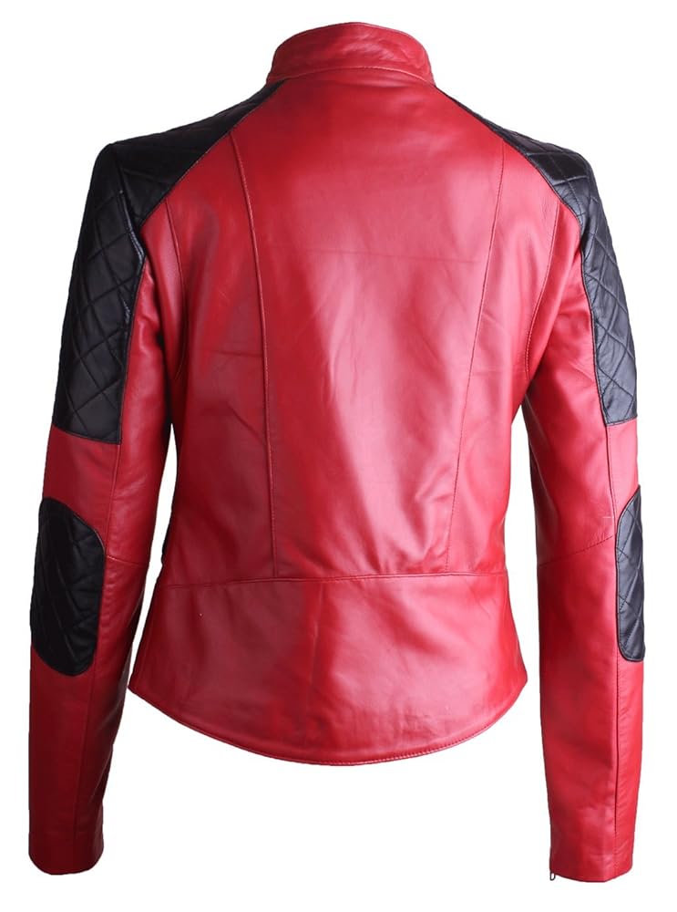 Women's Red and Black Leather Moto Jacket, Quilted Accents Women's Red and Black Leather Moto Jacket, Quilted Accents