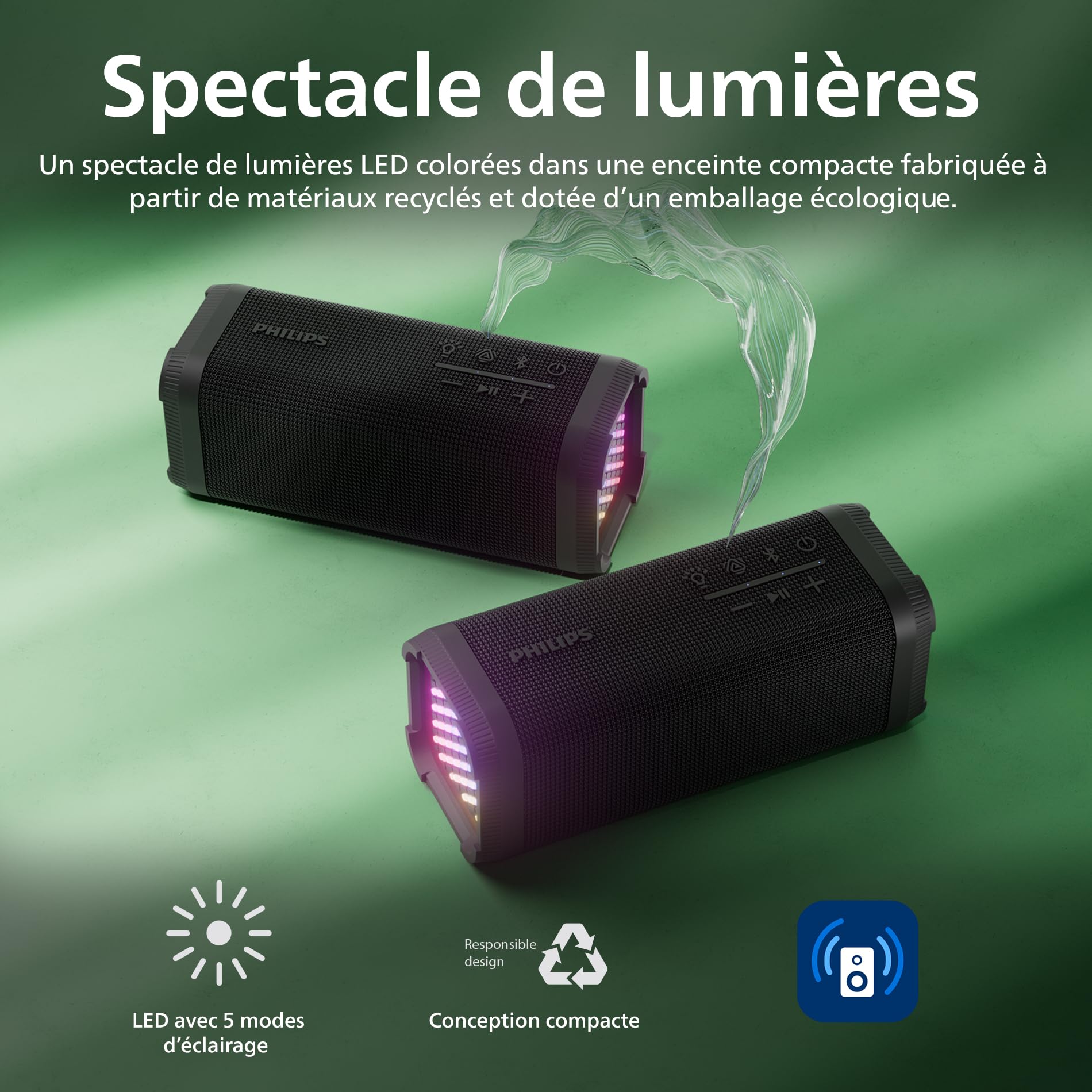 PHILIPS TAS2000B Enceinte sans Fil Bluetooth avec Jeu de lumières LED, Bass+ 20 W, Auracast, 20 Heures d’autonomie, Indice IPX5, Micro, contrôle à partir de l’Application – Noire