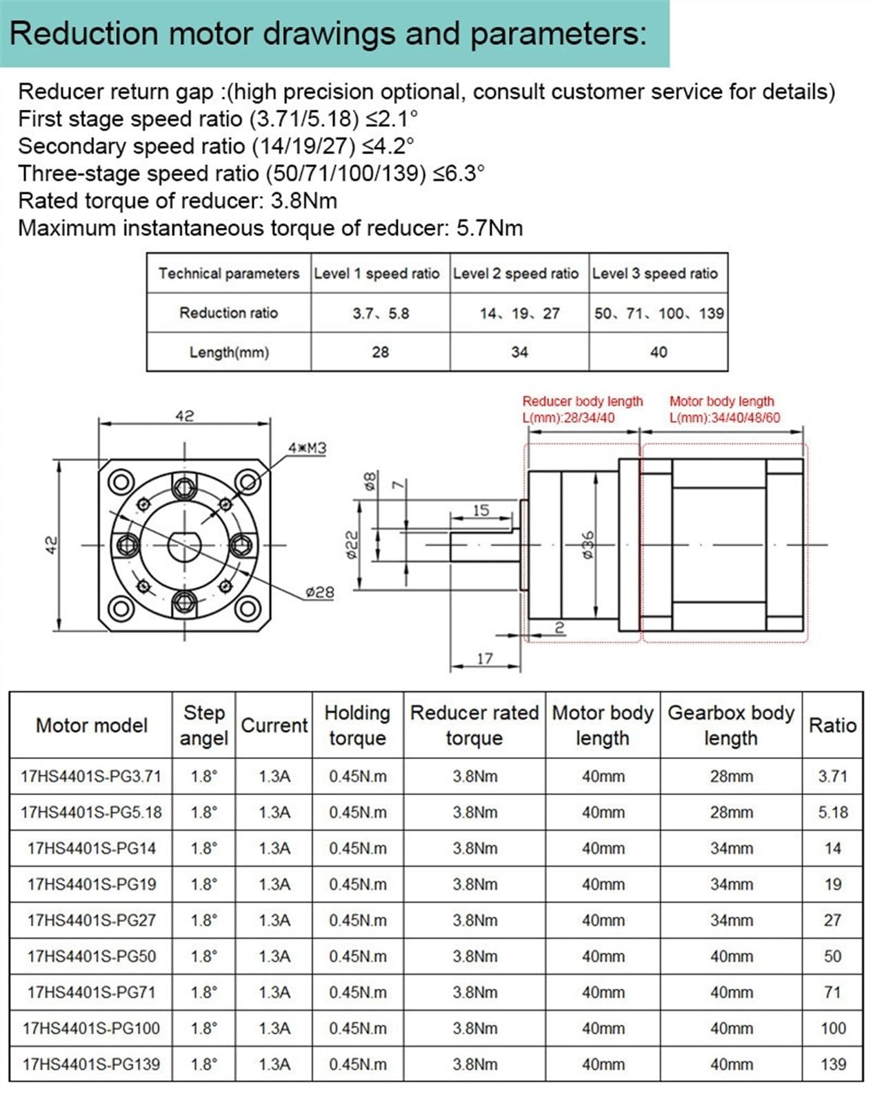 1Pc 42BYG silnik krokowy 40mm długość korpusu z przełożeniem 3.71:1-139:1 NEMA17 silnik krokowy z przekładnią planetarną ze skrzynią biegów(PG19)