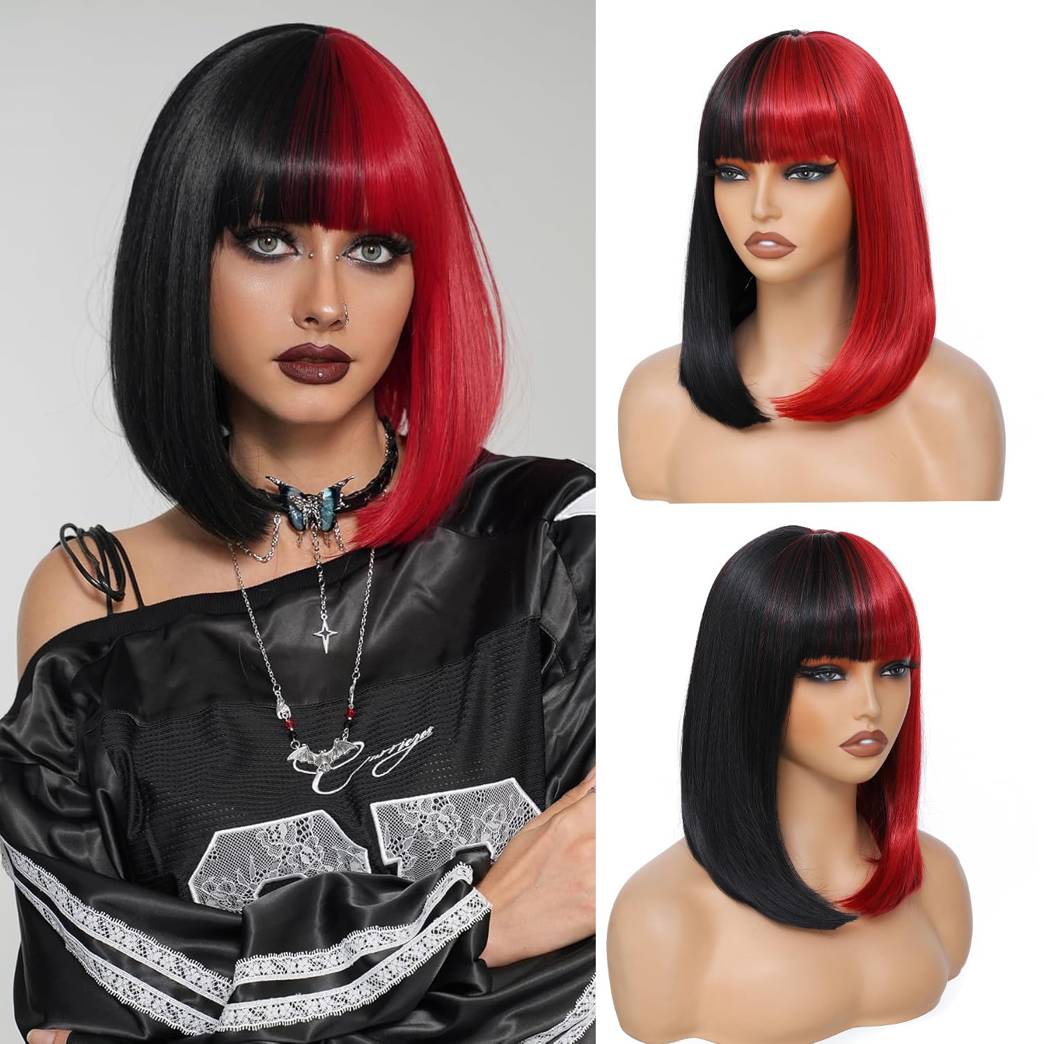spca Half Red Half Black Wigs with Bangs,Super Bowl Straight Bob Wig for Women Halloween Cosplay Party (16 Inch,Small Head) 16 Inch-Small Head Black and Red