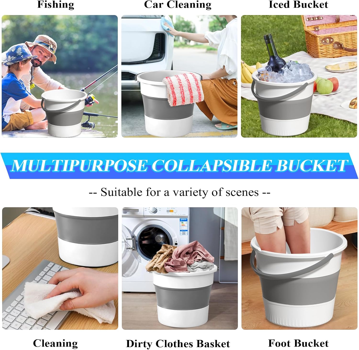 Collapsible Bucket 2PCS-1.3 Gal/5L and 4.5 Gal/17L Tub Household Cleaning Mop Buckets Foldable Water Bucket for Car Wash Fishing Camping Beach (2PCS White)