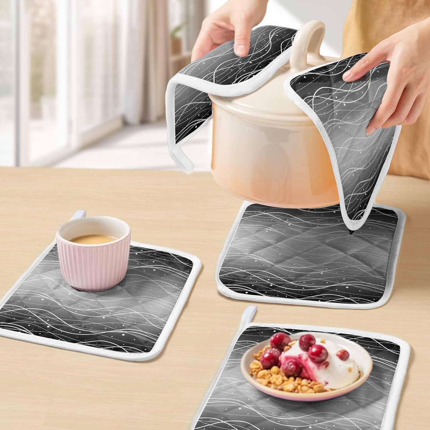 Black Gray Ombre Pot Holders for Kitchen Heatproof Potholder, 5 Pack Modern Abstract Striped Polka Dots Hot Pads Multipurpose Oven Pads Cloth Potholders Trivet for Cooking Baking