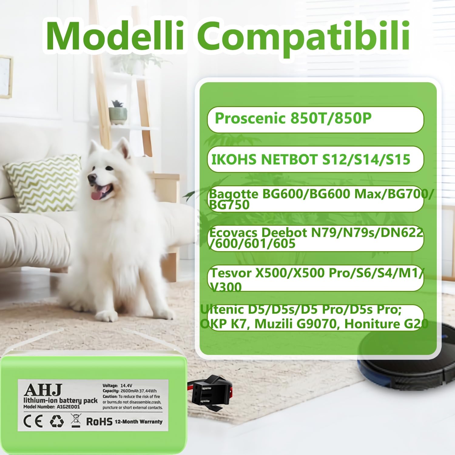 14.4V 2600mAh Li-ion Batteria di Ricambio per Proscenic 850T/850P, per Lefant T700/M520, per IKOHS Netbot S14 S15, per Deebot N79S N79, per Eufy RoboVac 11 11S, per Bagotte BG600/BG700
