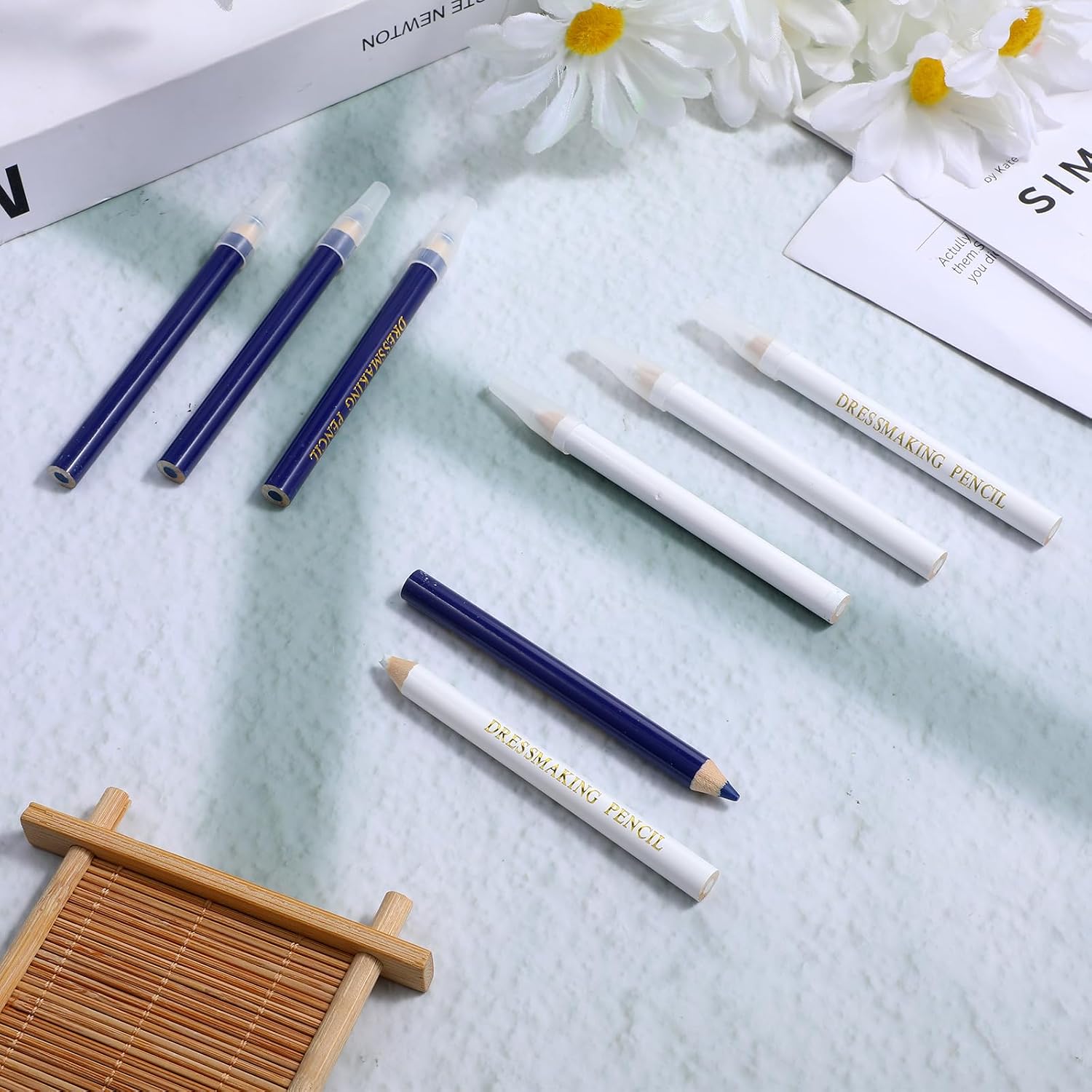 8 PCS Tailors Chalk Pencils for Sewing, White and Blue Water Soluble Fabric Chalk, Fabric Pencil for Sewing Dressmakers DIY Crafts