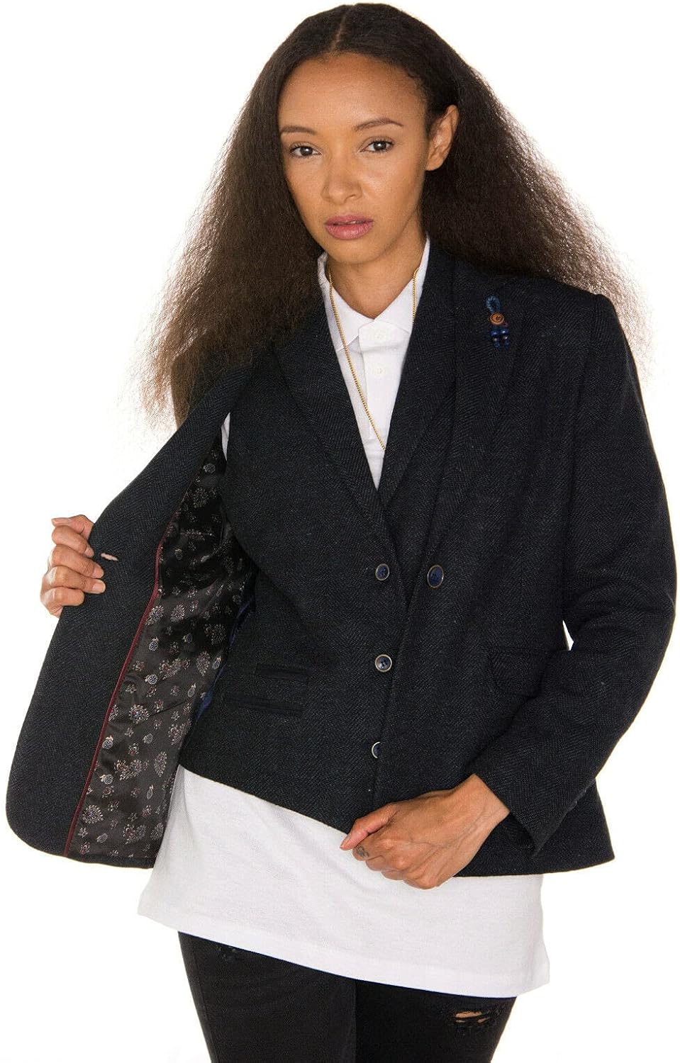 Women's Tweed Navy Blue Herringbone Classic 1920s Formal Wool