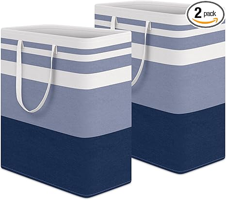 HomeHacks 2-Pack Large Laundry Basket, Waterproof, Freestanding Laundry Hamper, Collapsible Tall Clothes Hamper with Extended Handles for Clothes Toys in the Dorm and Family (Blue, 100L)