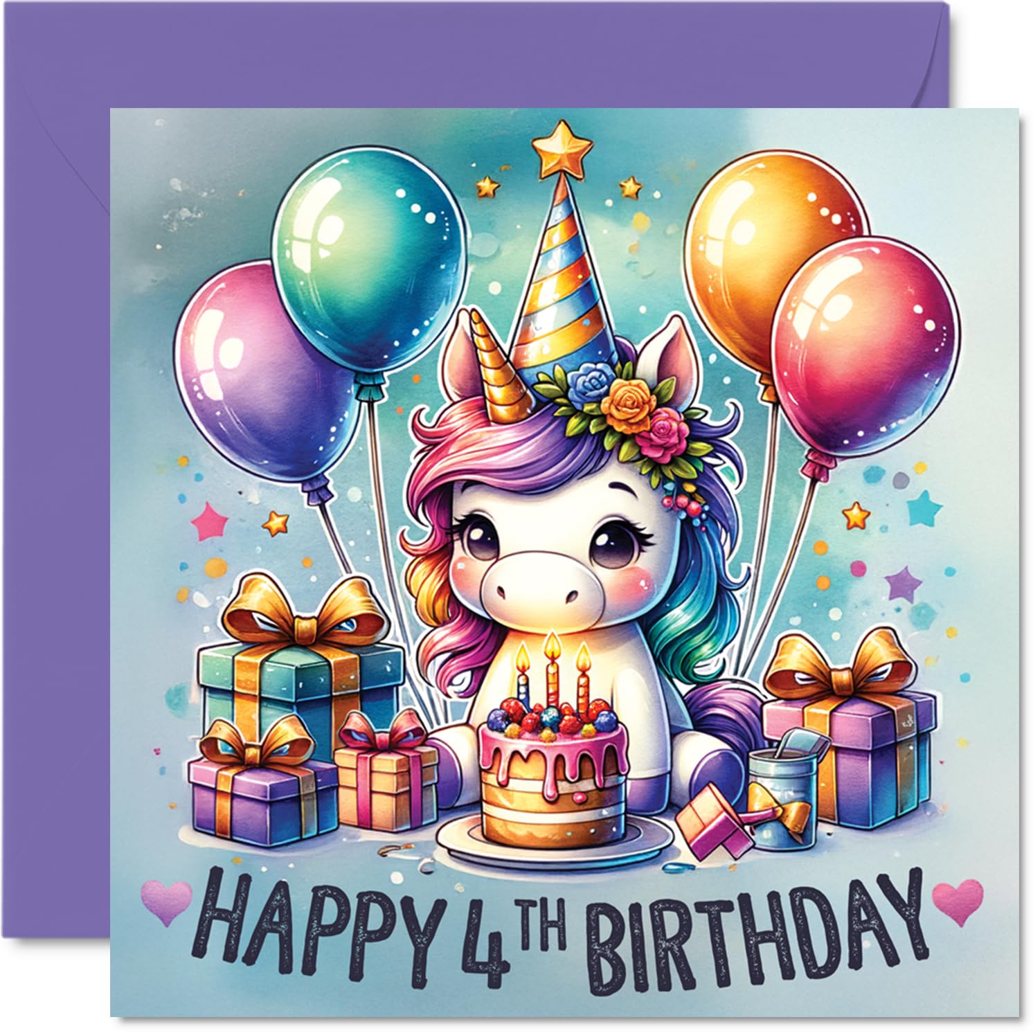 4th Birthday Cards for Girls, Unicorn Balloons