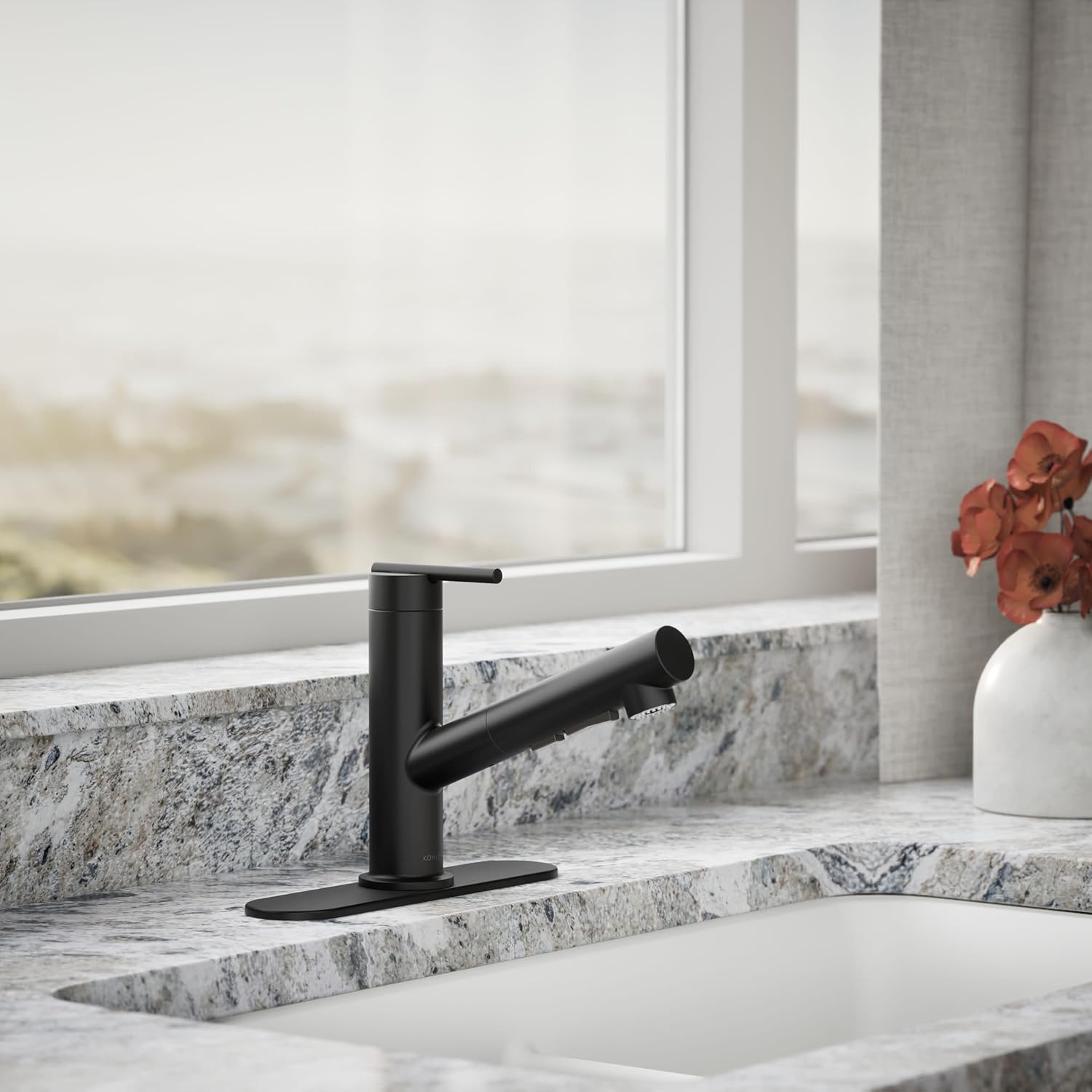 KOHLER 22976-BL Crue Pull-Out Kitchen Faucet, Pull Out Sprayer, Single-Handle Utility Faucet, Matte Black