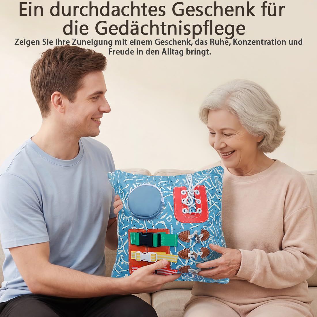 Nestelkissen für Senioren mit Demenz - Wasserdichtes Sensorik Kissen für Unruhige Hände & Motorik - Abwischbares Beschäftigungskissen mit Reißverschluss & Schnallen