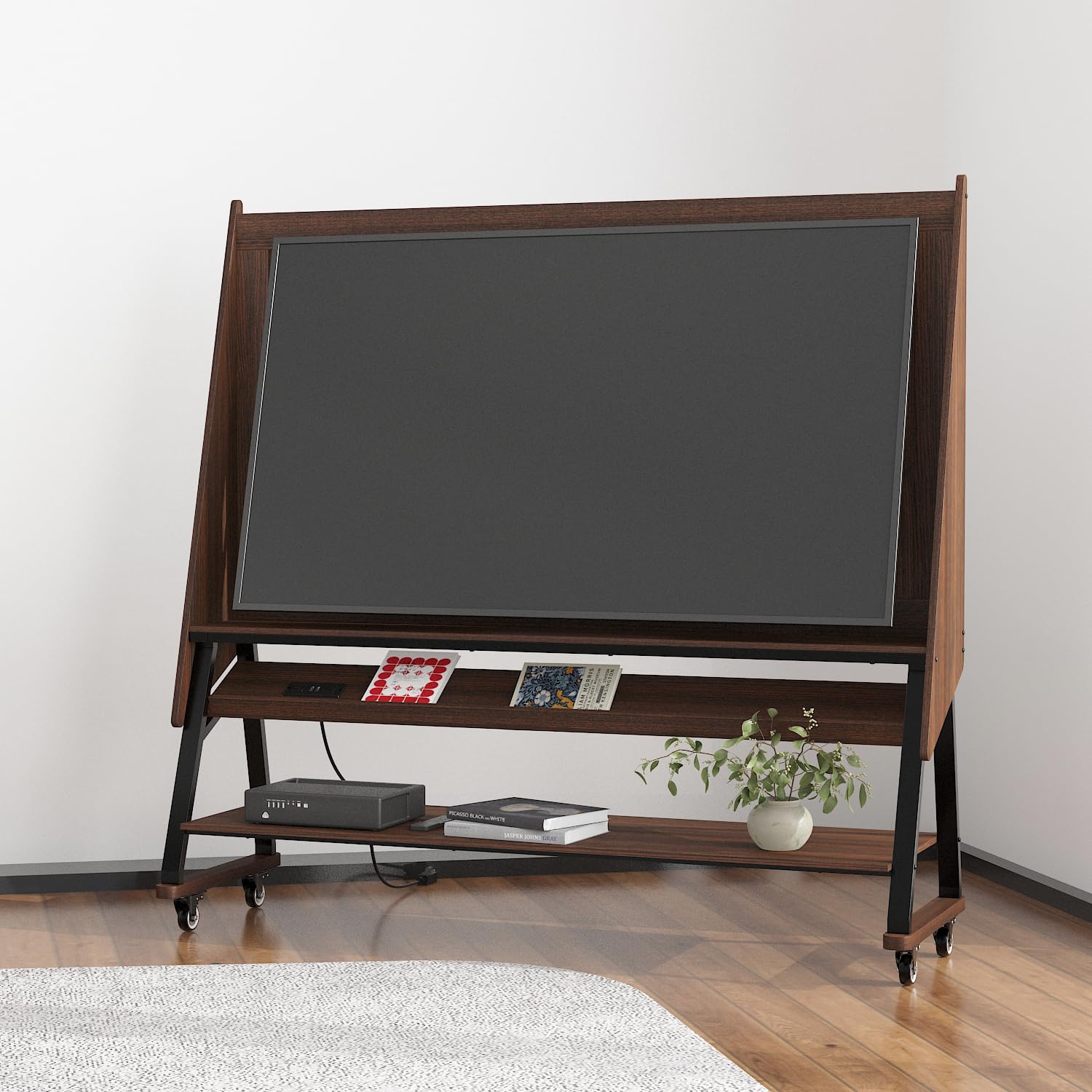 ROMSHINE 60" W Mobile TV Stand with Mount, Rolling Floor Media Console TV Cart, Wood Corner Monitor Stand with Shelves & Charging Station, for LCD/LED