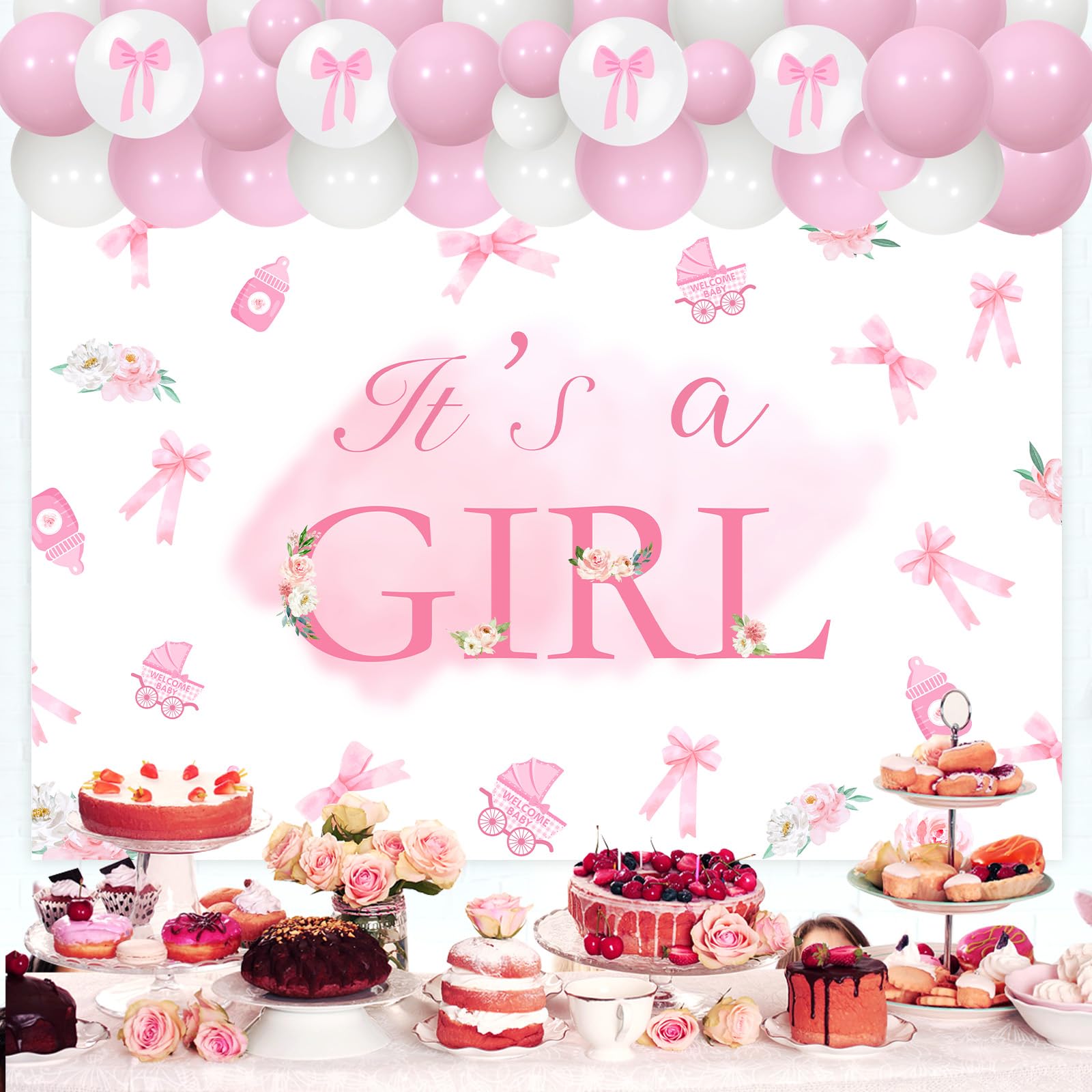 Jollyboom Pink Bow Baby Shower Decorations for Girl Its a Girl Backdrop Balloon Garland Kit for Pink Bow Baby Shower Oh Baby Gender Reveal Party Decorations - Image 2