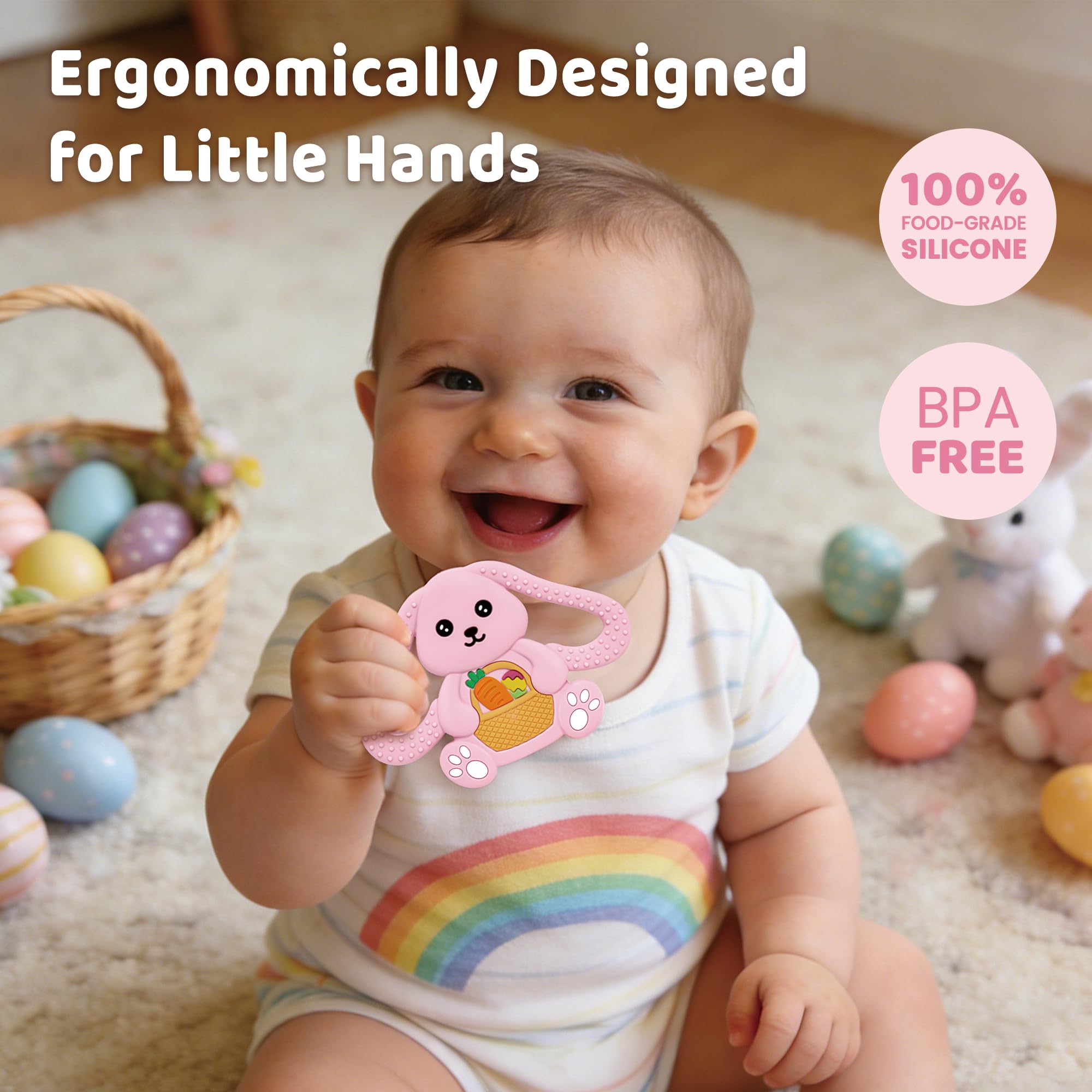 Easter Basket Stuffers Baby Teething Toys, Bunny Silicone Teething Toy for Babies 0 3 6 9 12 18 Months, Easter Basket Stuffer Essential, Baby Rabbit Carrots Teether for Baby & Toddler First Gifts - 3