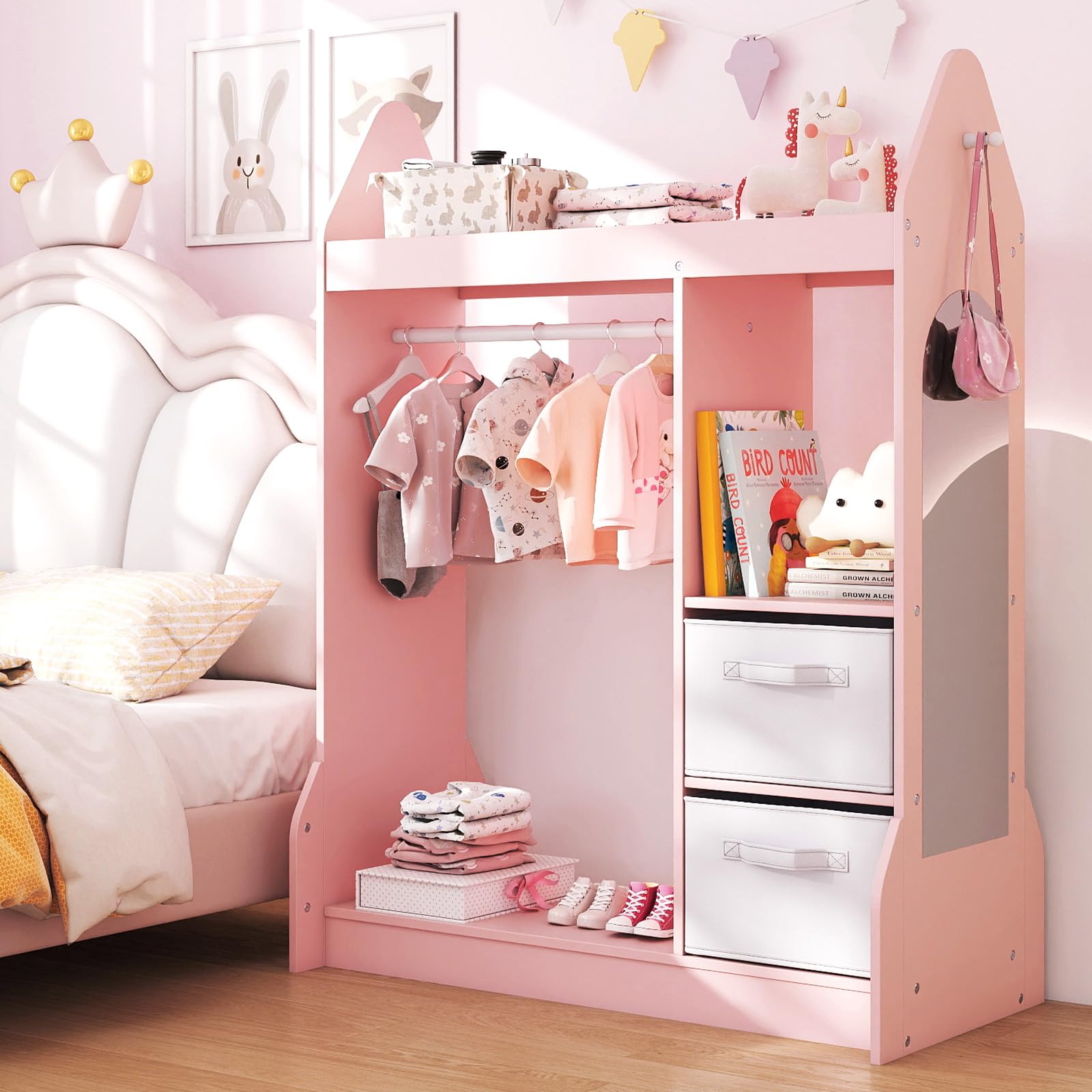 GOPLUS Armario de Almacenamiento para Niños, Ropero con Espejo de Cuerpo Entero, Estantes, Ganchos, 2 Cajas de Tela, Organizador para Juego Imaginativo, Armario de Madera para Dormitorio (Rosa)