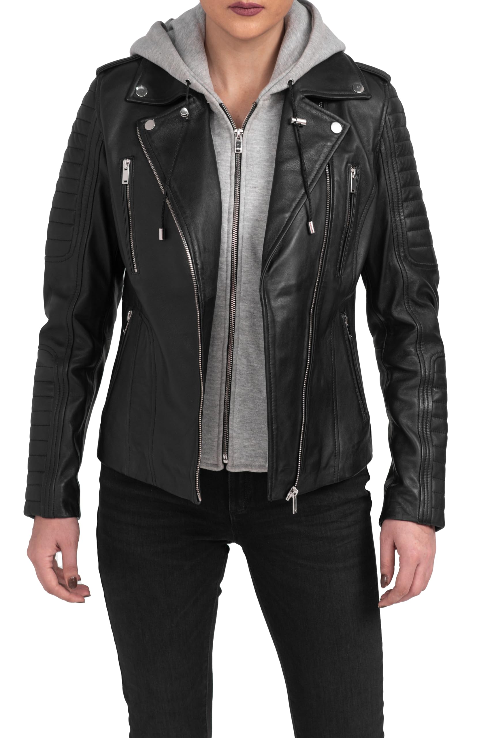 【BALR.】2way HOODED LEATHER BOMBER JACKET Womens Black Hooded Bomber Leather Jacket - Lambskin Womens