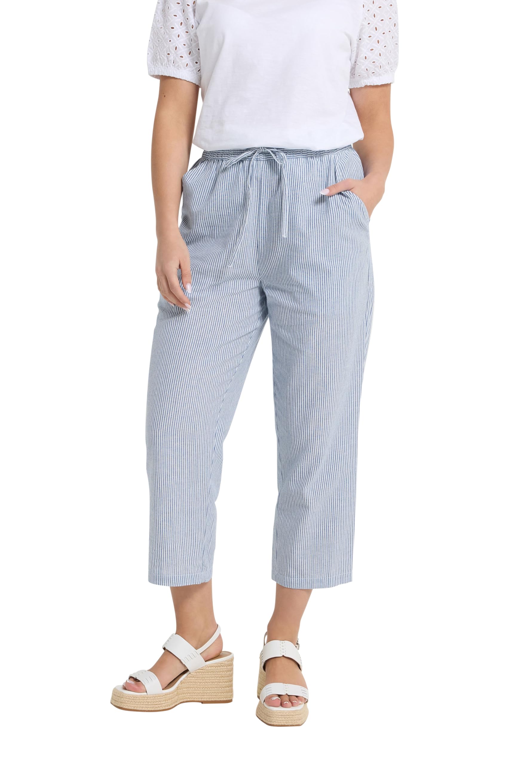 M&Co Stripe Straight Leg Cropped Trousers - Women's Blue