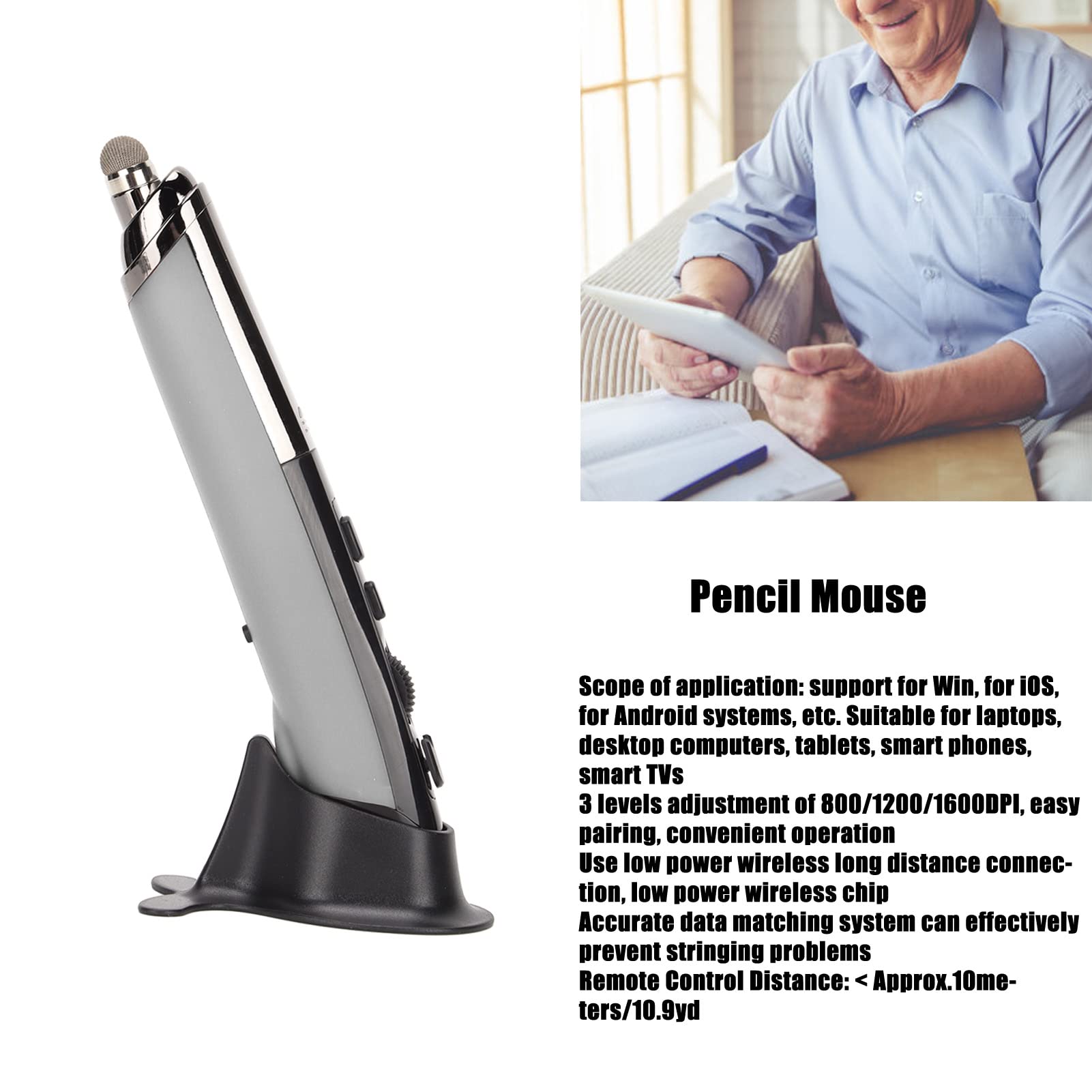 Mouse Ottico con Penna Tascabile Wireless, Mouse con Penna Wireless a 3 Livelli DPI Regolabile Touch Screen Scrittura a Bassa Potenza per PC Laptop Notebook Computer(grigio)