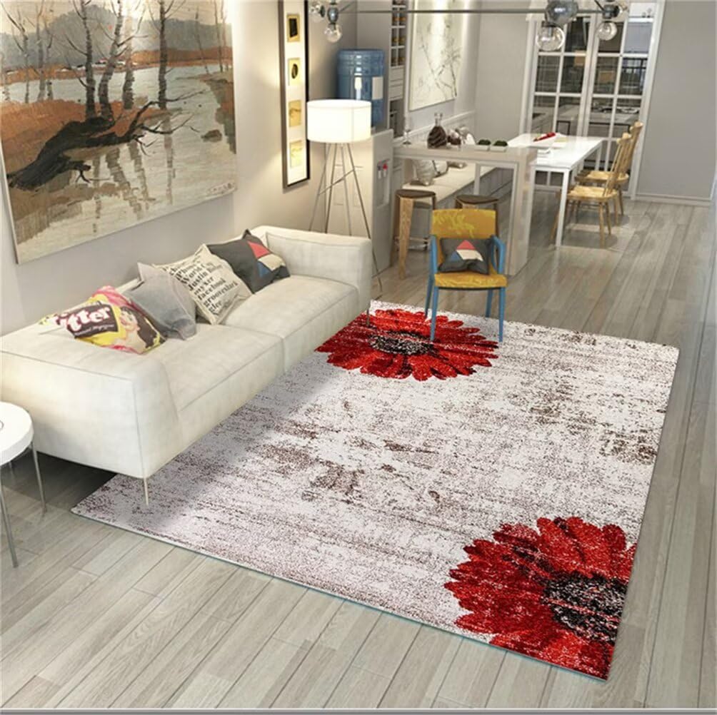 Grand tapis rose et rouge 160x210 cm moderne à motif floral pour salon et chambre ado fille