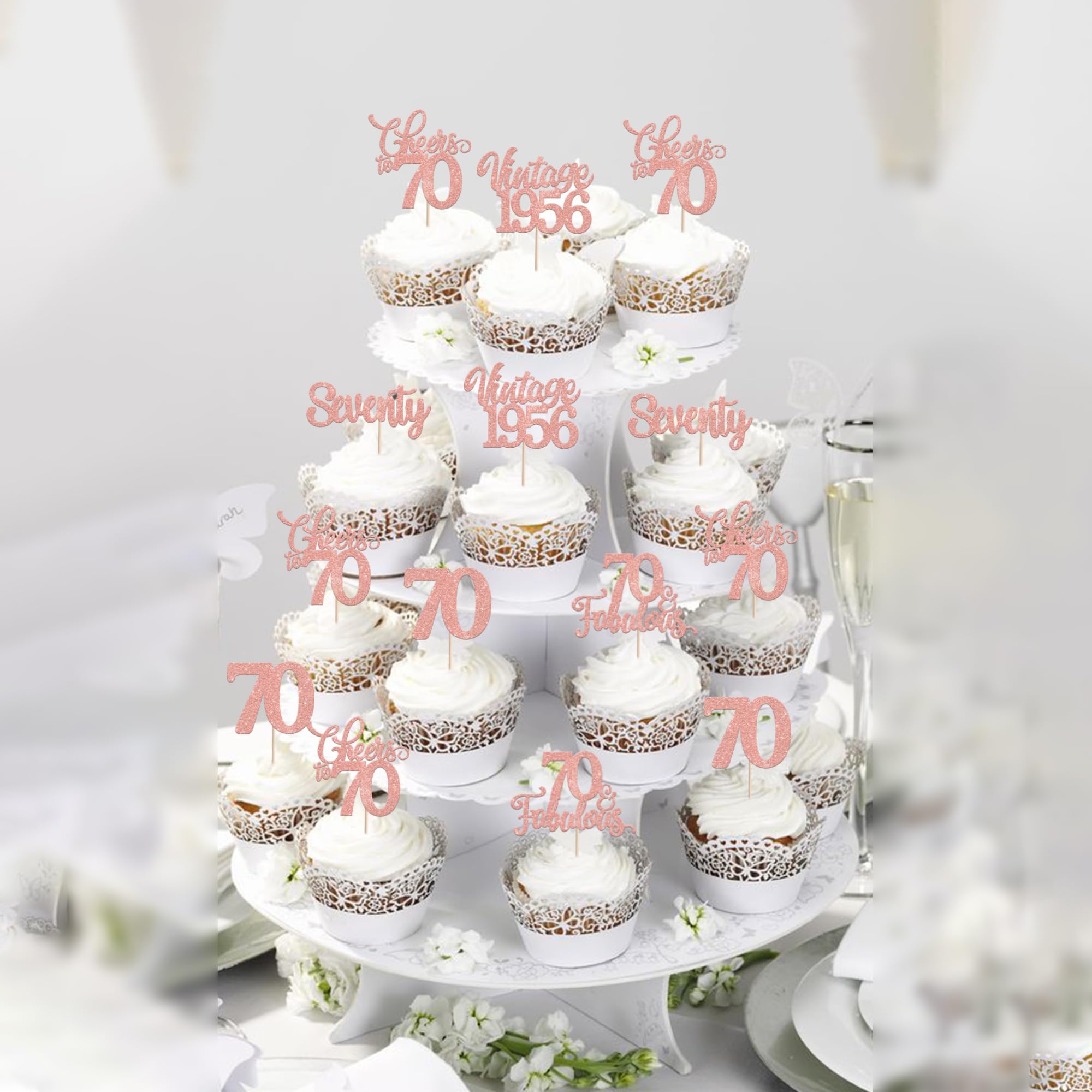 SYKYCTCY 30 Pack Happy 70th Birthday Cupcake Toppers Glitter Seventy Vintage 1956 Cupcake Picks Cheers to 70 Fabulous Hello 70 Cake Decorations for Birthday Wedding Anniversary Party Supplies - Image 7