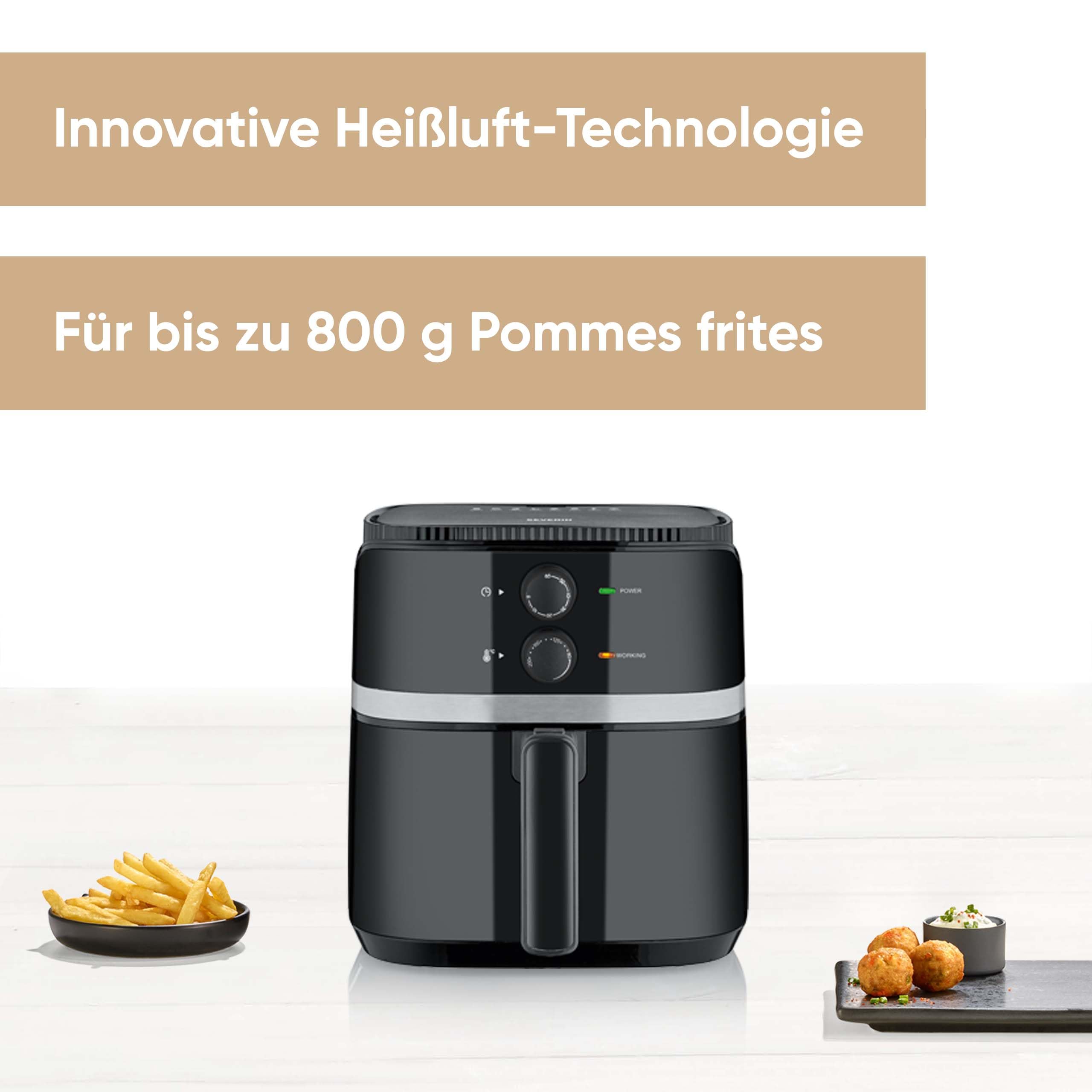 SEVERIN Heißluftfritteuse mit 5 Liter Garraum, Heißluft Fryer für gesundes Kochen, Fritteuse ohne Fett mit antihaftbeschichtetem Frittierkorb, 1500 W, schwarz/silber, FR 2452