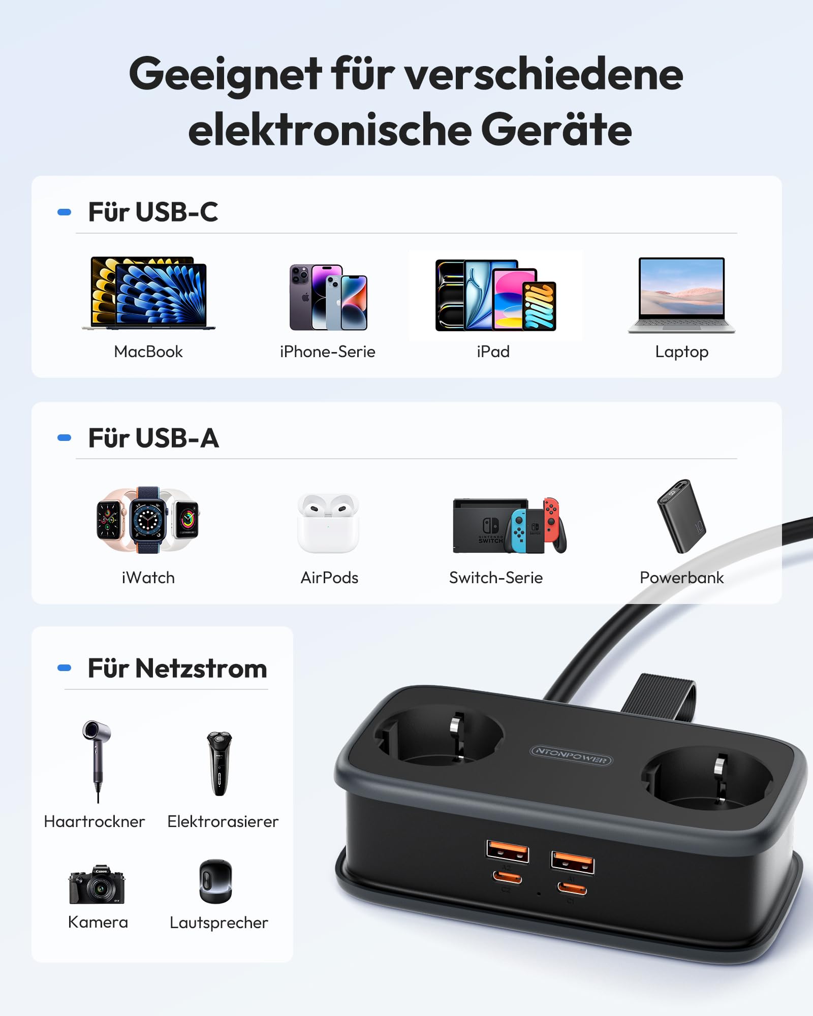 NTONPOWER 2 Fach Steckdosenleiste mit USB-C 65W PD, Flachstecker Mehrfachsteckdose USB Schnellladen für Reise, Zuhause, Büro, 2500 Watt Verteilersteckdose 1,5 Meter, Schwarz