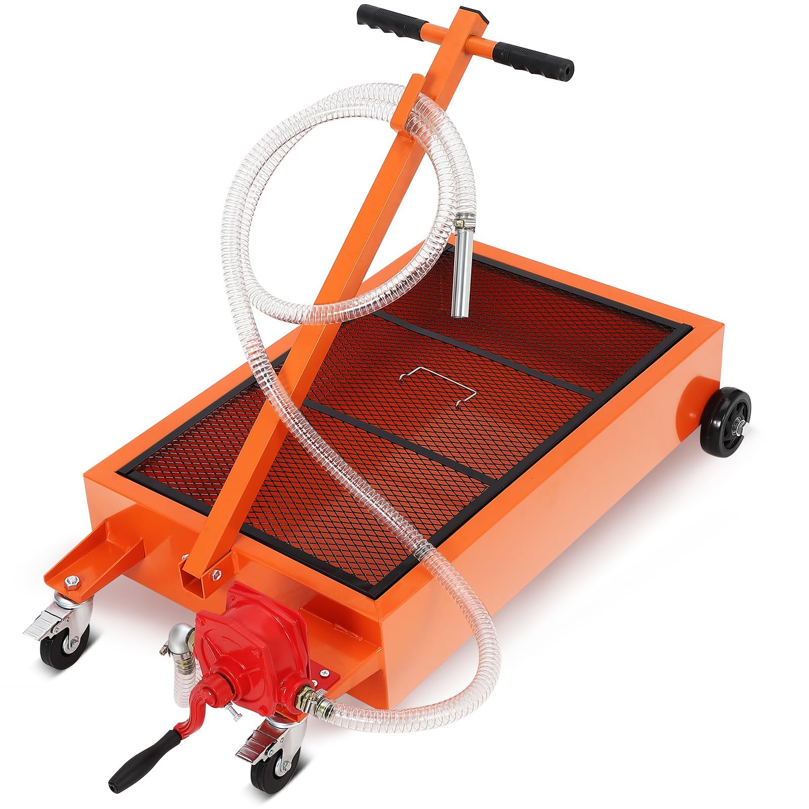 Carrello di Raccolta Olio esausto a Basso Profilo – 20 galloni con Pompa Manuale, Tubo Flessibile 2,5 m, Manico Pieghevole e Ruote – per Cambio Olio Auto, SUV, Camion, Camper, Autobus –
