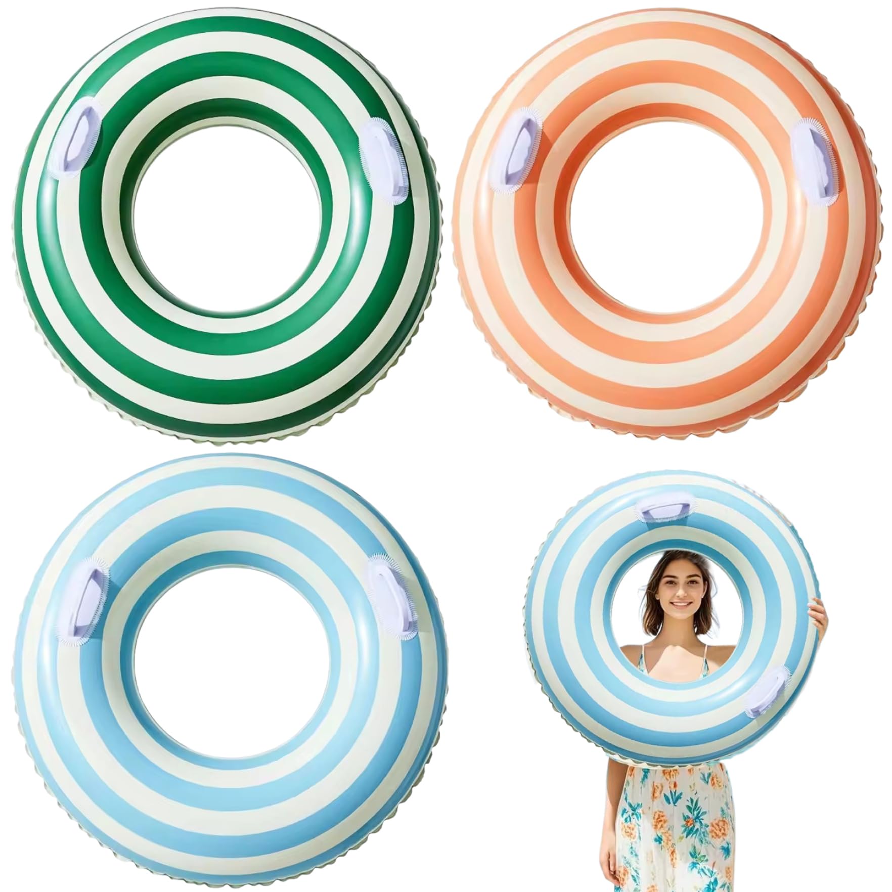 Anillos de Piscina inflables para Adultos, 3 flotadores de Piscina Retro a Rayas de Gran flotabilidad de 30 Pulgadas con asa para Nadar en la Playa de Verano