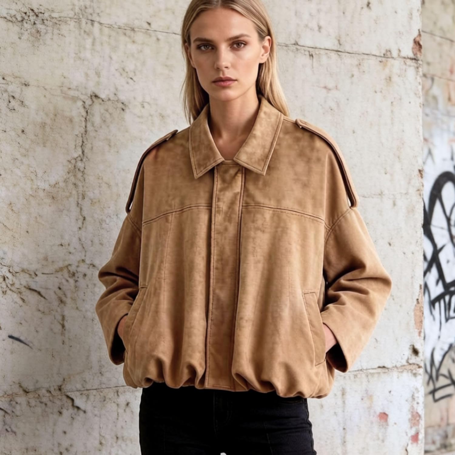 Xunger Women's Faux Suede Bomber Jacket Spring Lapel Pilot Coat Casual Oversized Long Sleeves Trendy Streetwear Outerwear