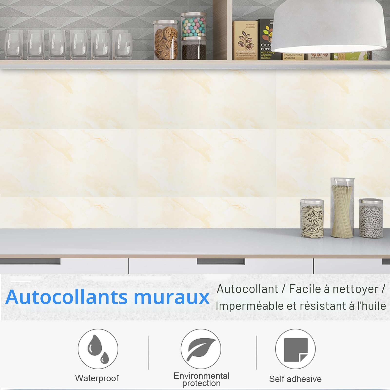 Panneaux muraux design marbre, lot de 10 60 cm x 30 cm, revêtement mural autocollant, autocollants en PVC pour carrelage (Beige Slate)